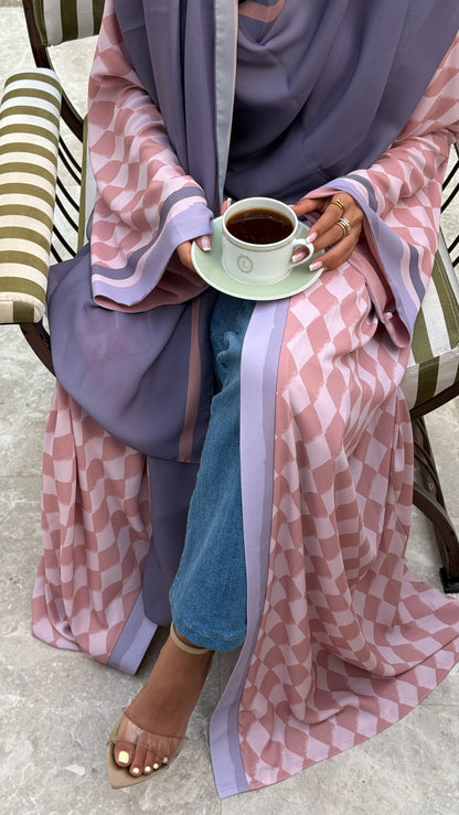 FAB316- Pink & Purple Checkered Print A-Cut Chiffon Silk Abaya