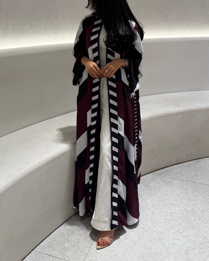 FAB302-Maroon & Black Printed Chiffon Silk A-Cut Abaya Set