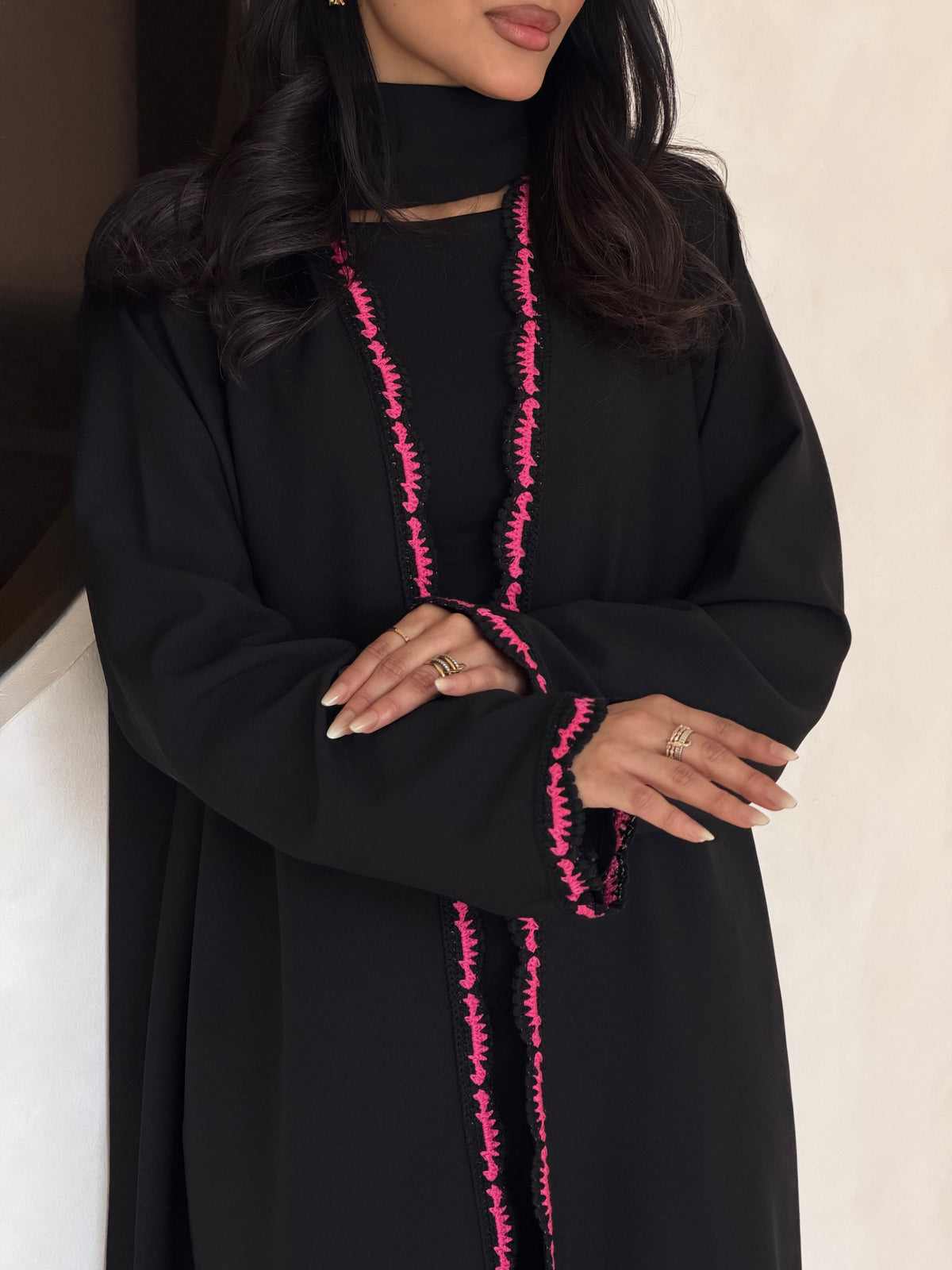 FAB346- Pink Crochet Black Crepe Klosh-Cut Abaya with Headscarf