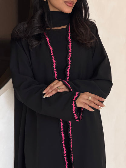 FAB346- Pink Crochet Black Crepe Klosh-Cut Abaya with Headscarf