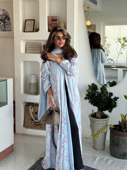 FAB299- Pink and Blue Lace and Linen Summer A-Cut Abaya