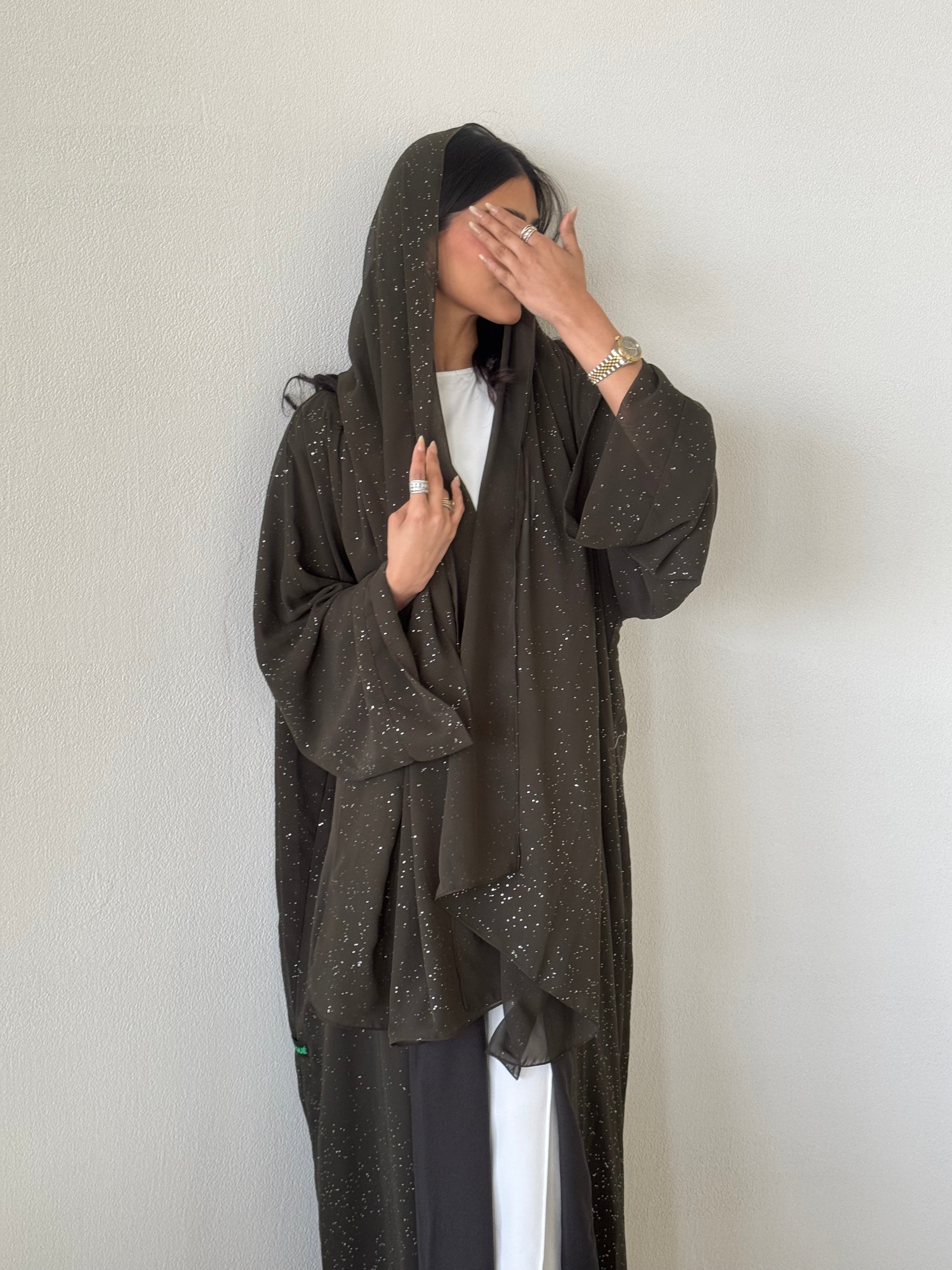 FAB183- Army Green Glitter Chiffon Abaya Set