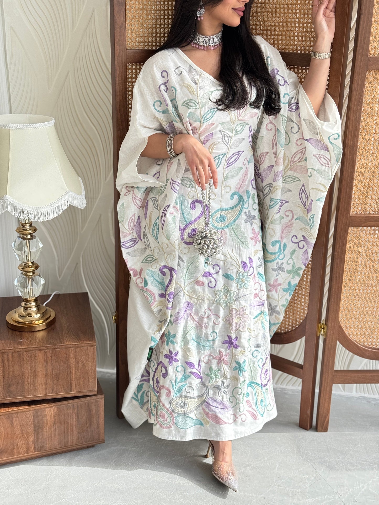 FAB262-White Linen free-size jalabiya with elegant multicolor embroidery