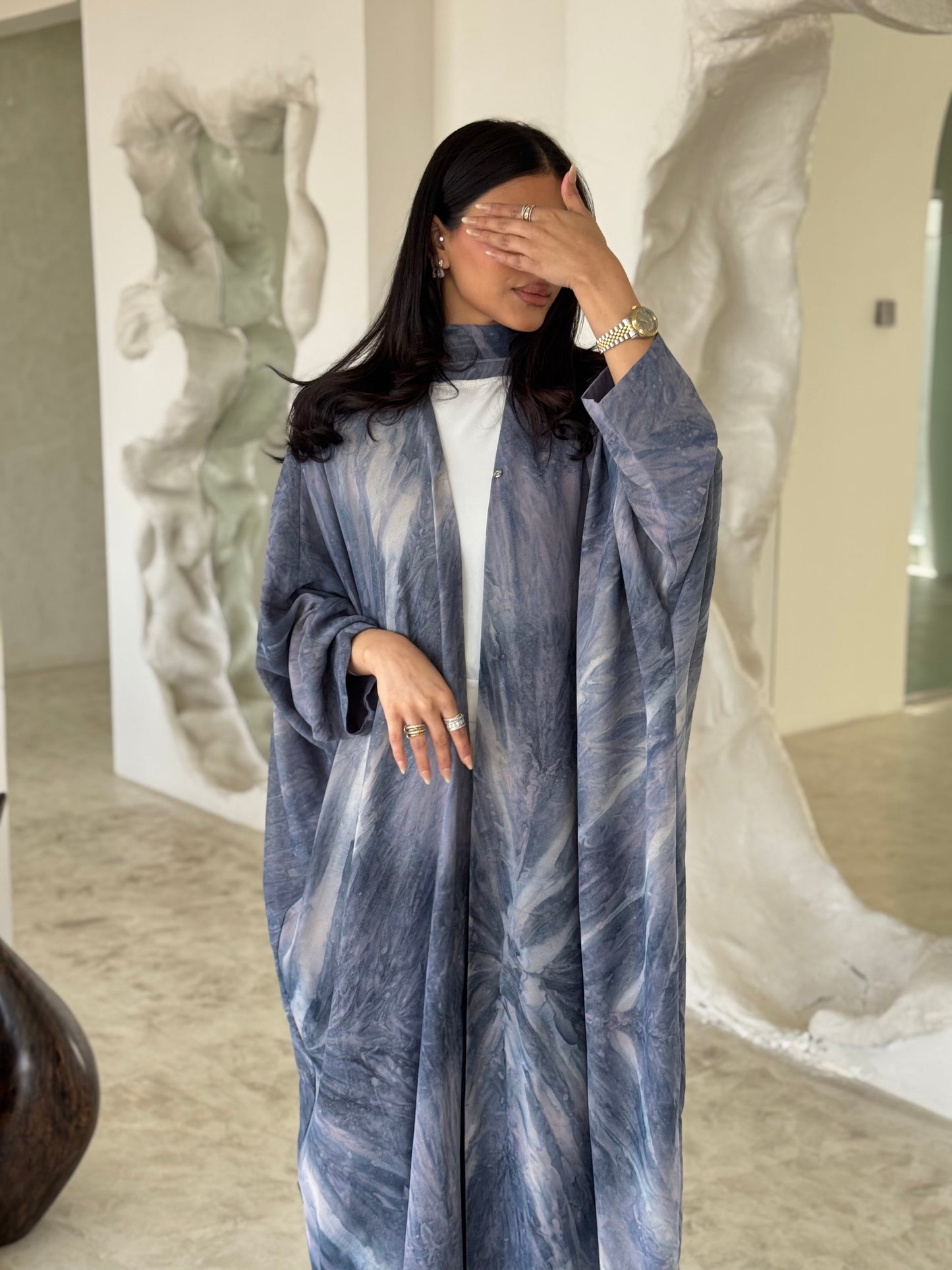 FAB176- Blue Shimmer Chiffon Bisht- Cut Summer Abaya with matching headscarf