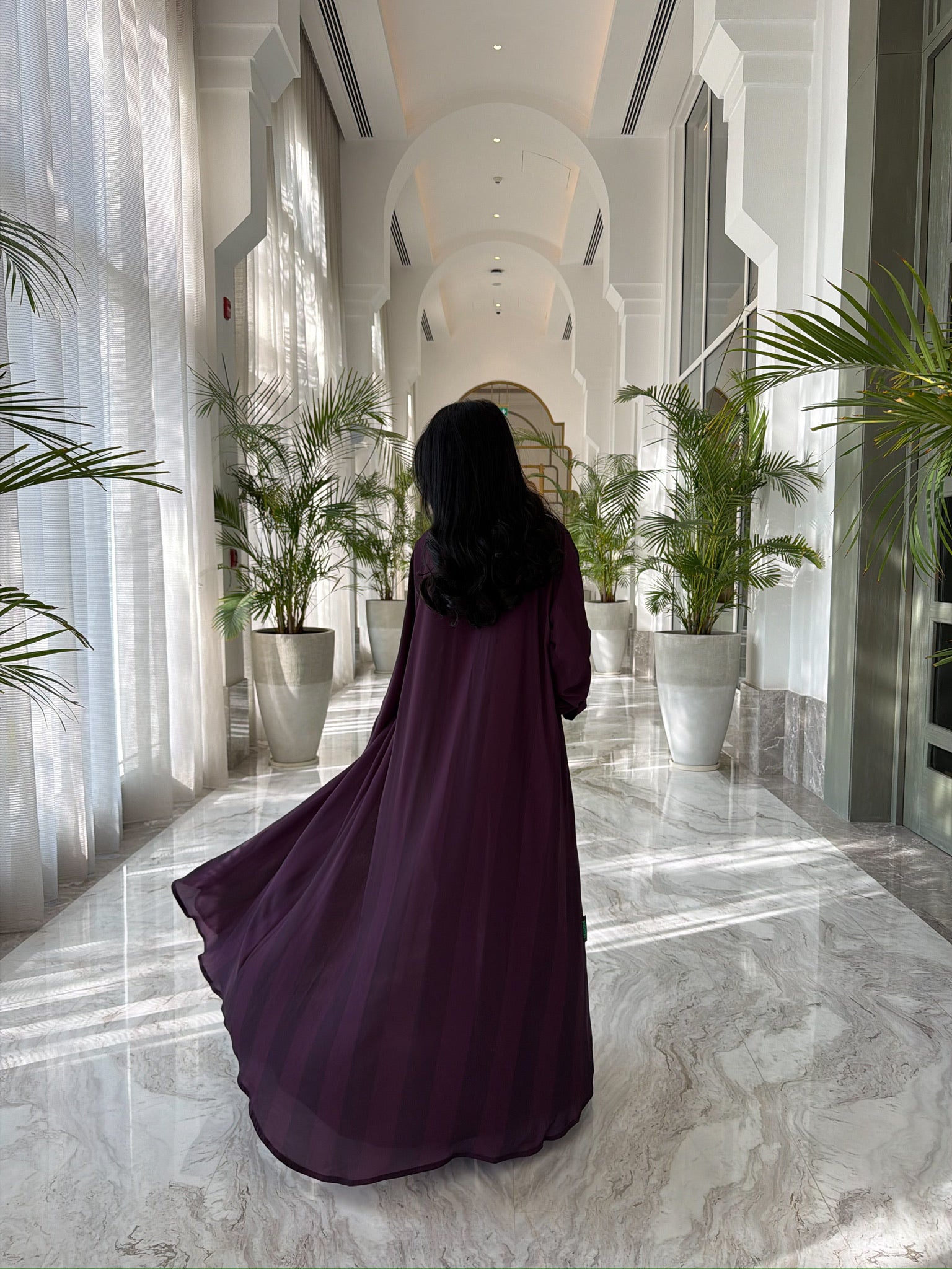 FAB329-Purple Basic Light Stripped Printed Klosh Abaya Set