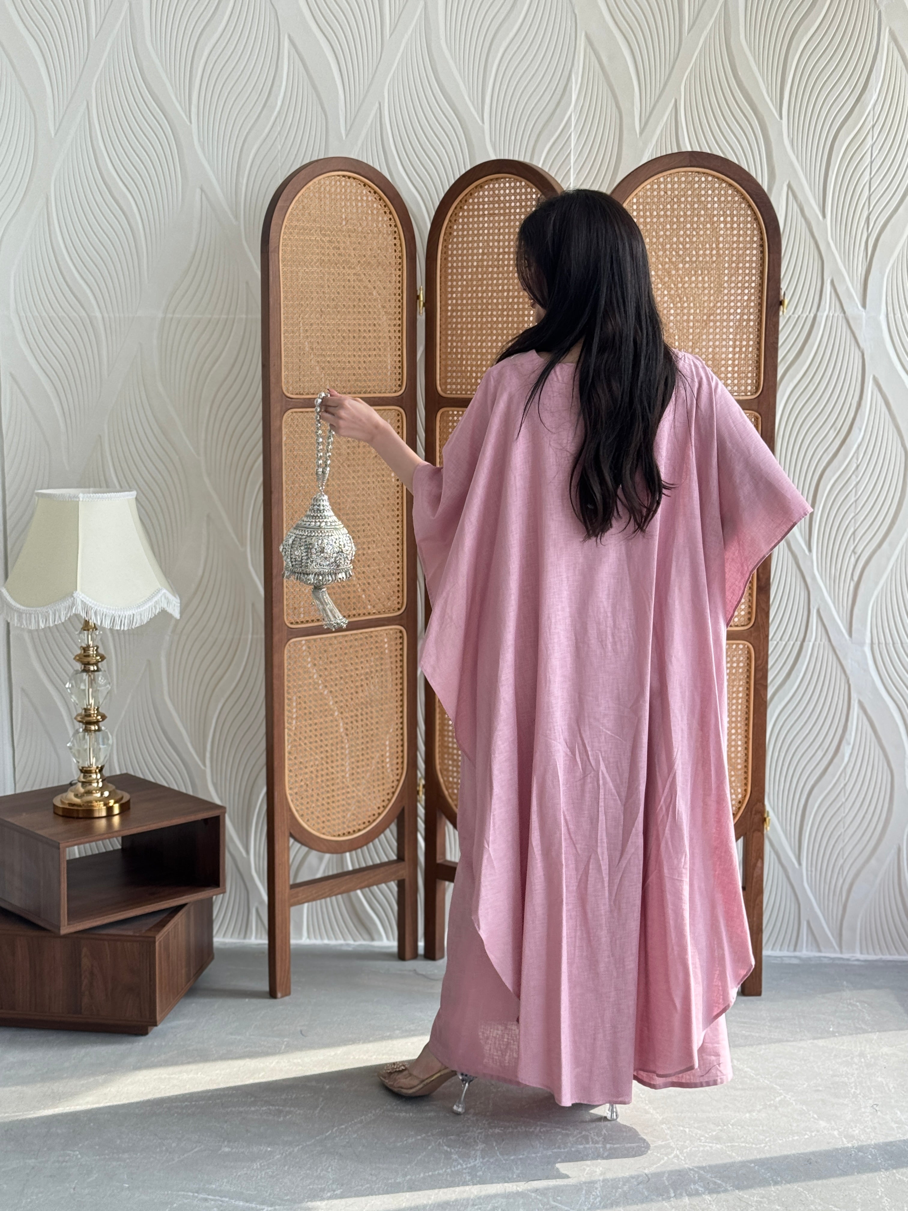 FAB270- Pink Elegant linen jalabiya with multicolor embroidery and a flowing cape cut