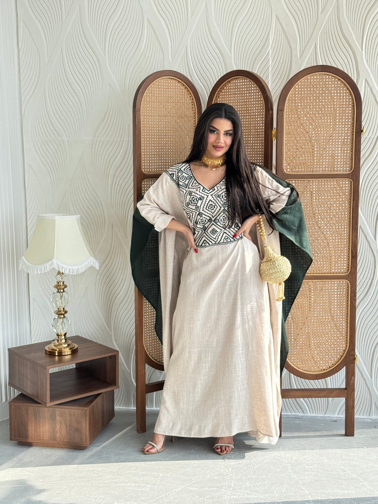 FAB253- Green Beige Two-sided embroidered Linen butterfly cut jalabiya