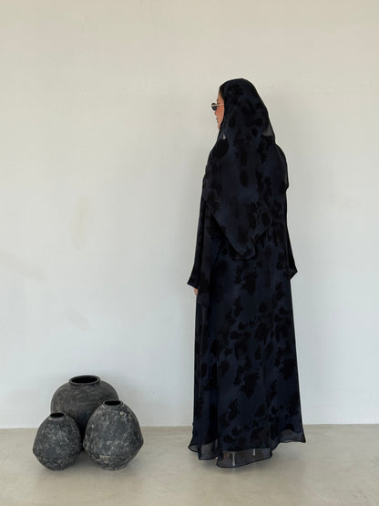 FAB216- Blue Printed A-Cut Shiffon Abaya Set