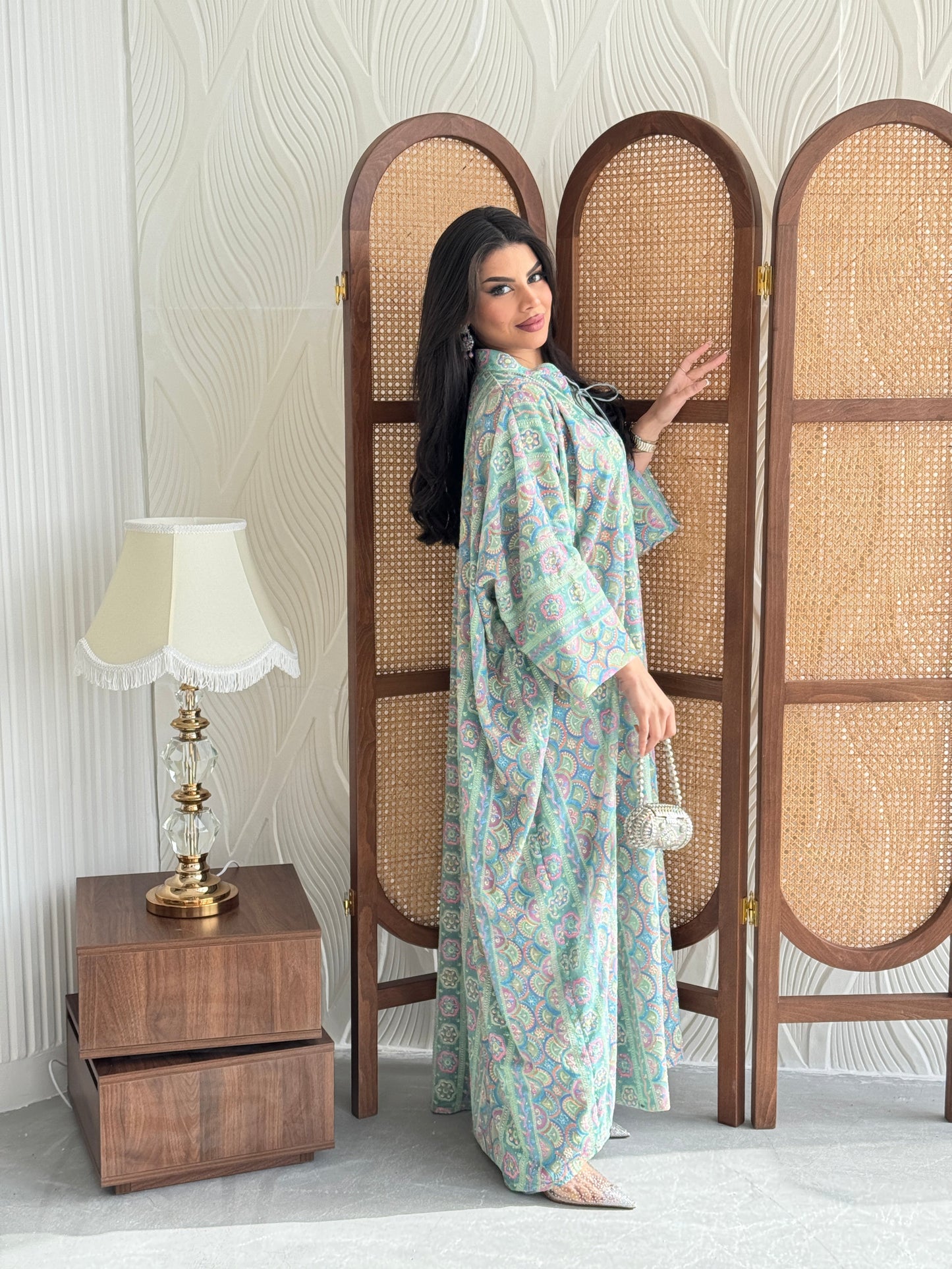 FAB279-Green free size colorful crystals chiffon jalabiya and tie-neck detail