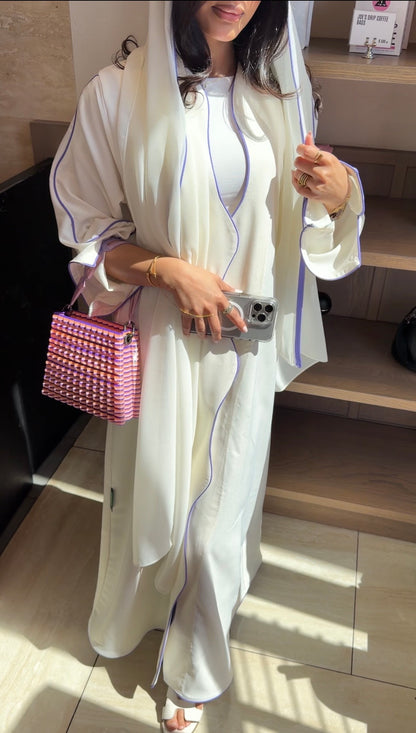 FAB317- White crepe swirl-cut abaya with purple piping abaya and headscarf