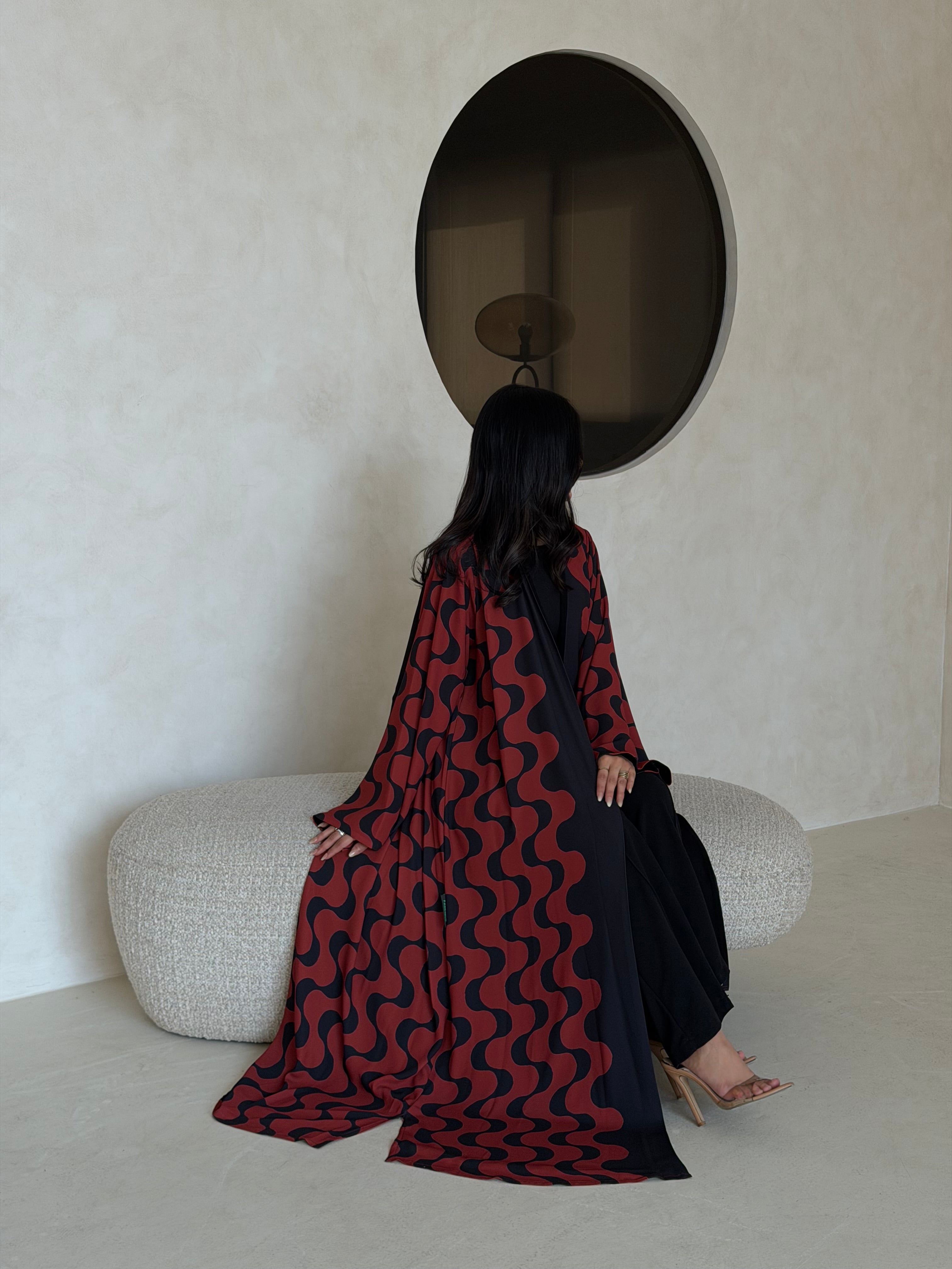 FAB345- Orange Red and Black Waves Printed Straight-Cut Abaya and matching headscarf