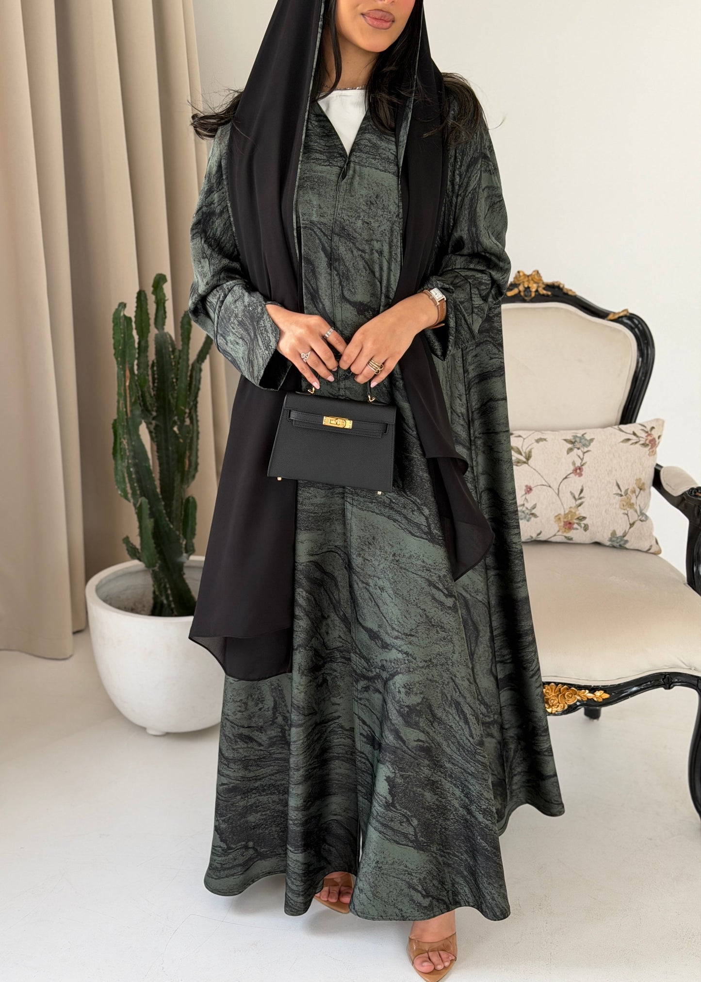 FAB288- Green Marble Print - Crepe A-Cut Abaya with pipping headscarf