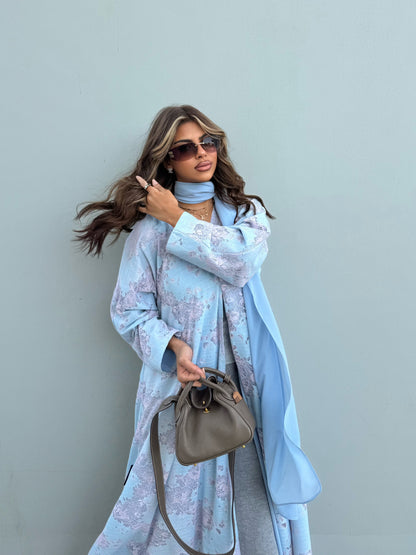 FAB299- Pink and Blue Lace and Linen Summer A-Cut Abaya