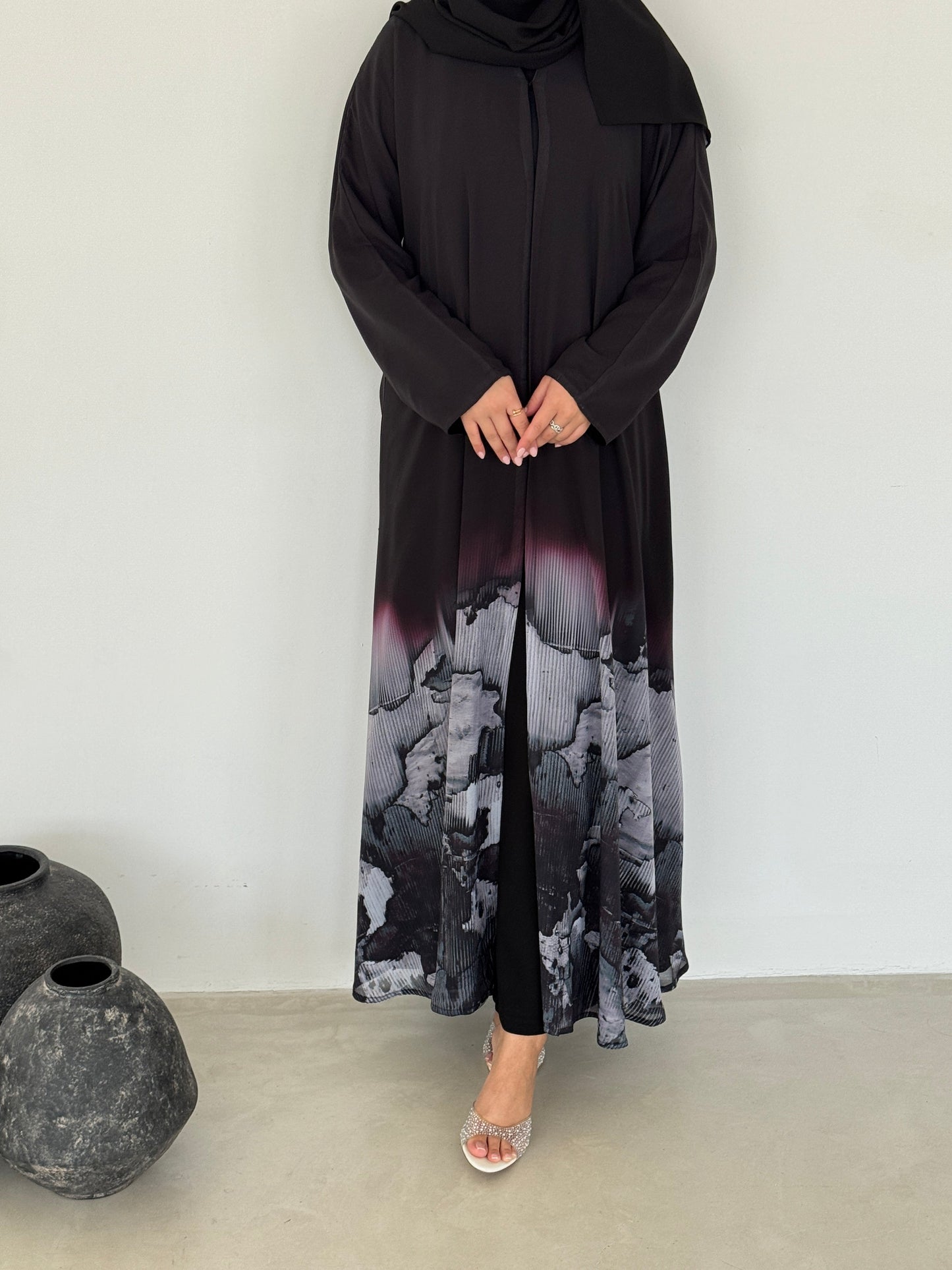 FAB209- Grey Ombre Waves print Shiffon A-cut Abaya with headscarf