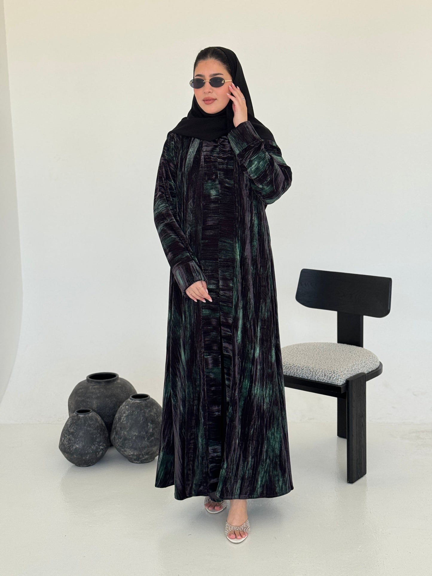 FAB236- Black & Green Marble Velvet A-Cut Abaya