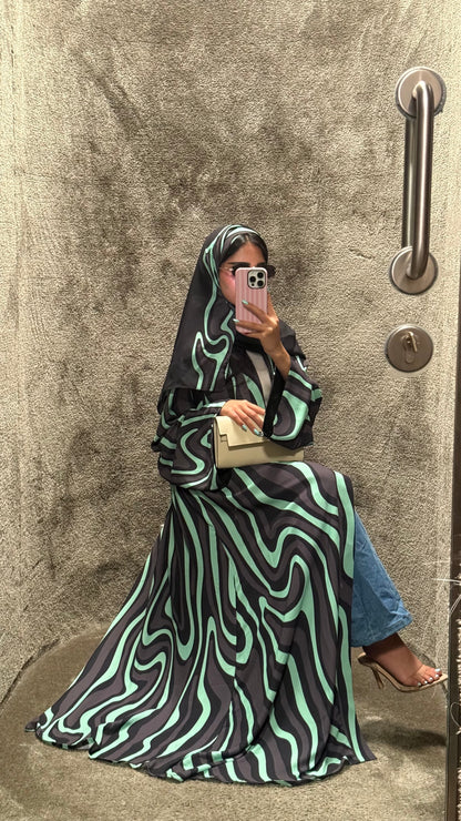 FAB323-Tiffany & Black Printed Abaya and Headscarf – Straight Cut