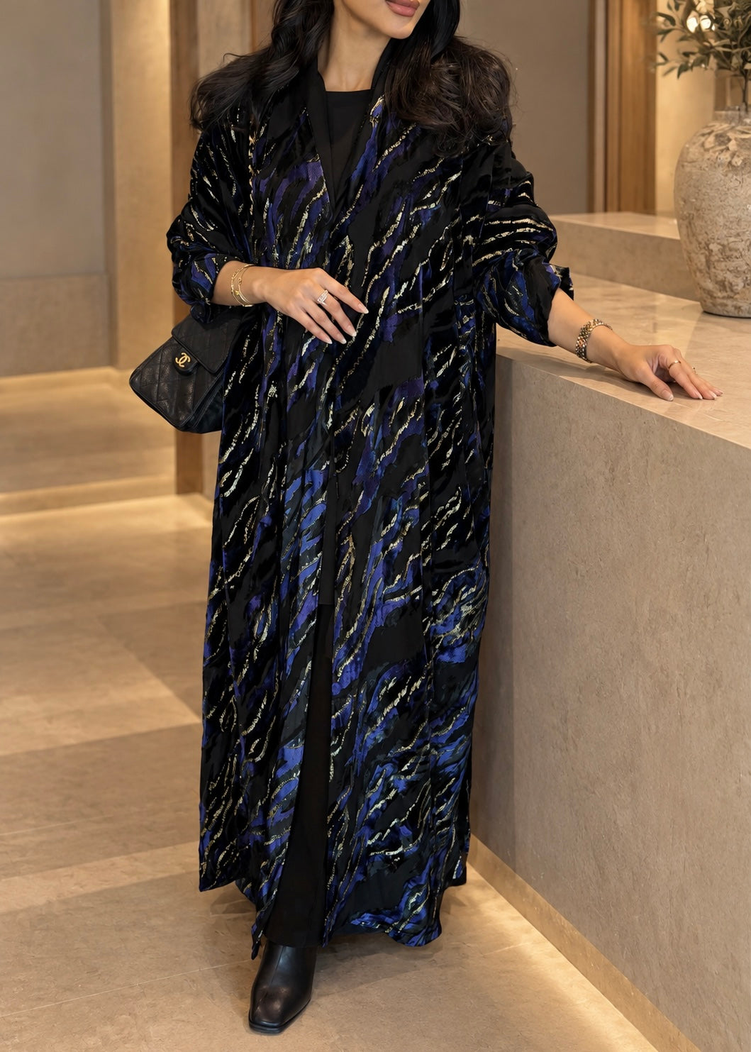FAB352-Blue and Black Chiffon Half Bisht-Cut Abaya with Velvet Shimmer Print and Black Headscarf