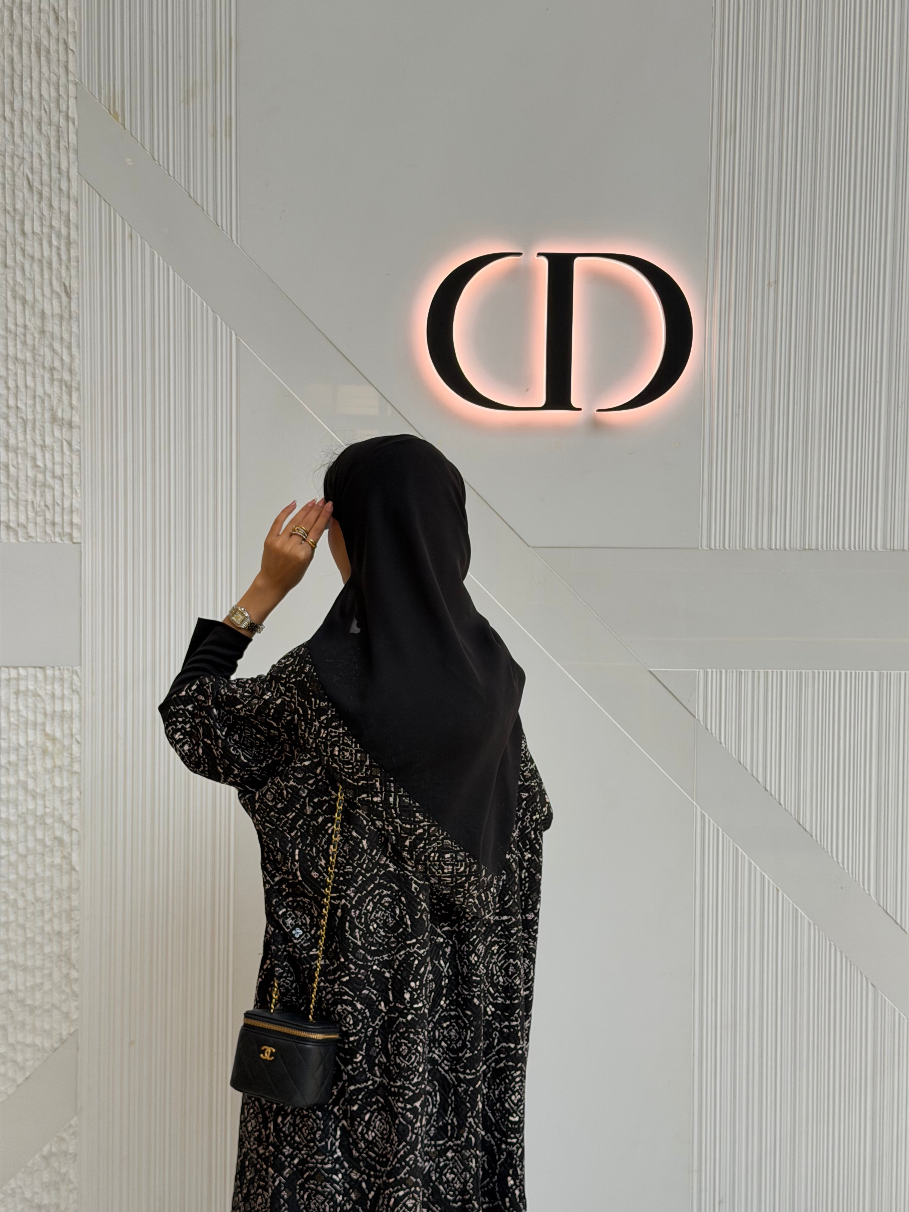 FAB340-Black White Embroidery Half-Bisht Cut Abaya with Fitted Black Stretch Sleeves and matching headscarf