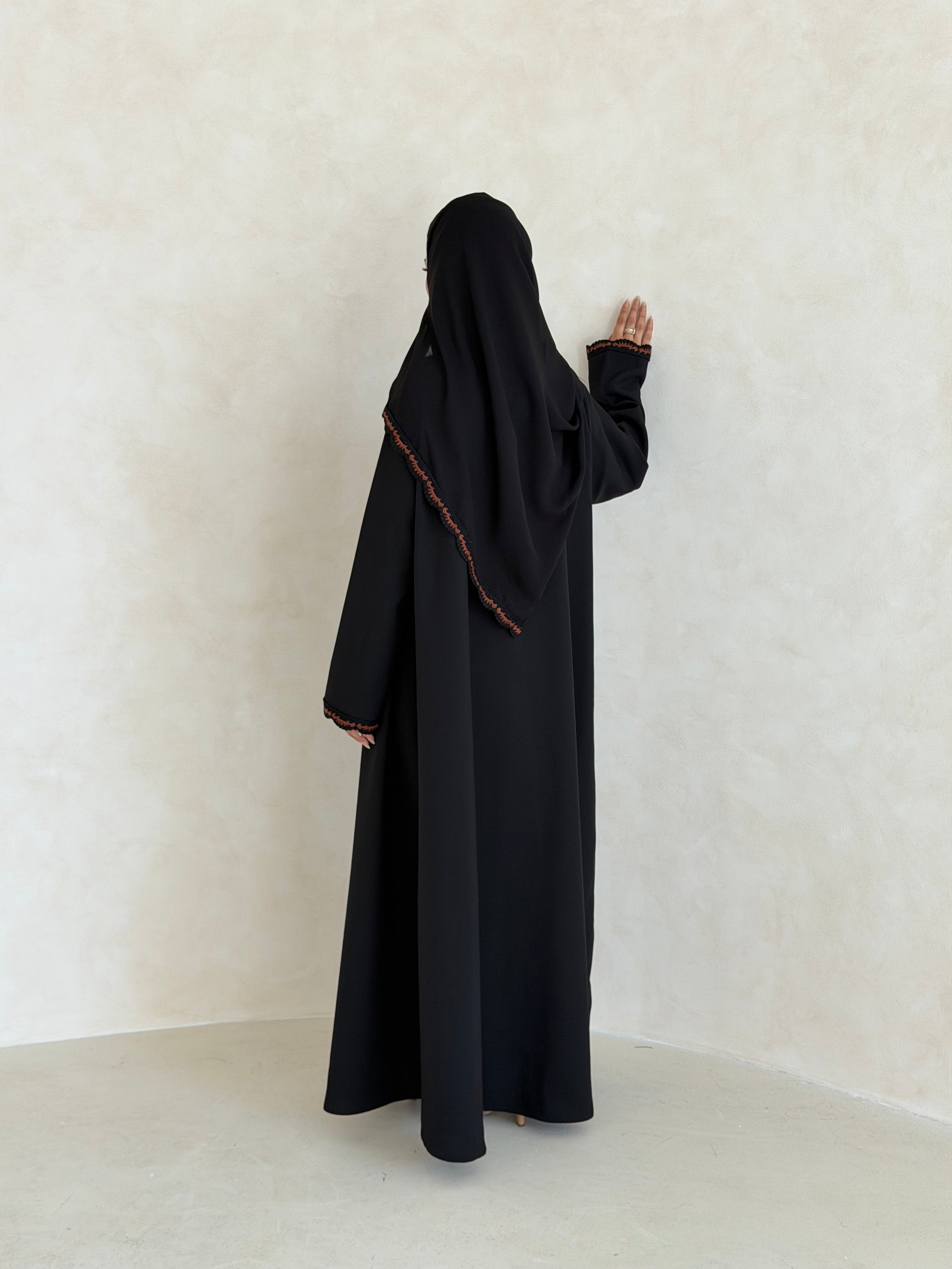 FAB349- Brown Crochet Black Crepe Klosh-Cut Abaya with Headscarf