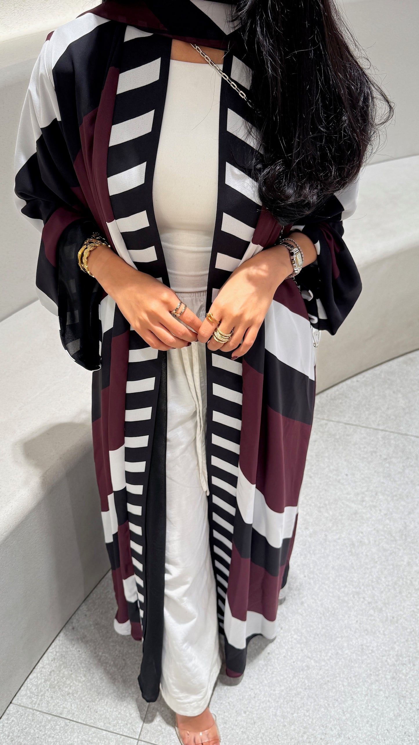 FAB302-Maroon & Black Printed Chiffon Silk A-Cut Abaya Set