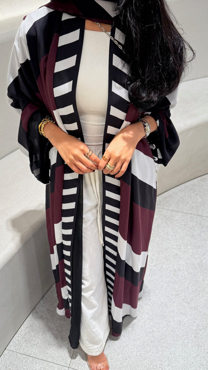 FAB302-Maroon & Black Printed Chiffon Silk A-Cut Abaya Set