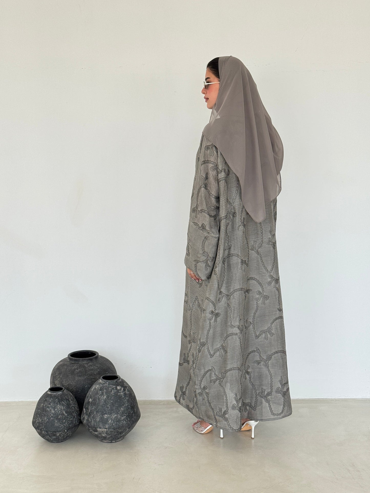 FAB217- Beige Ribbon Embroidery Linen Abaya with headscarf