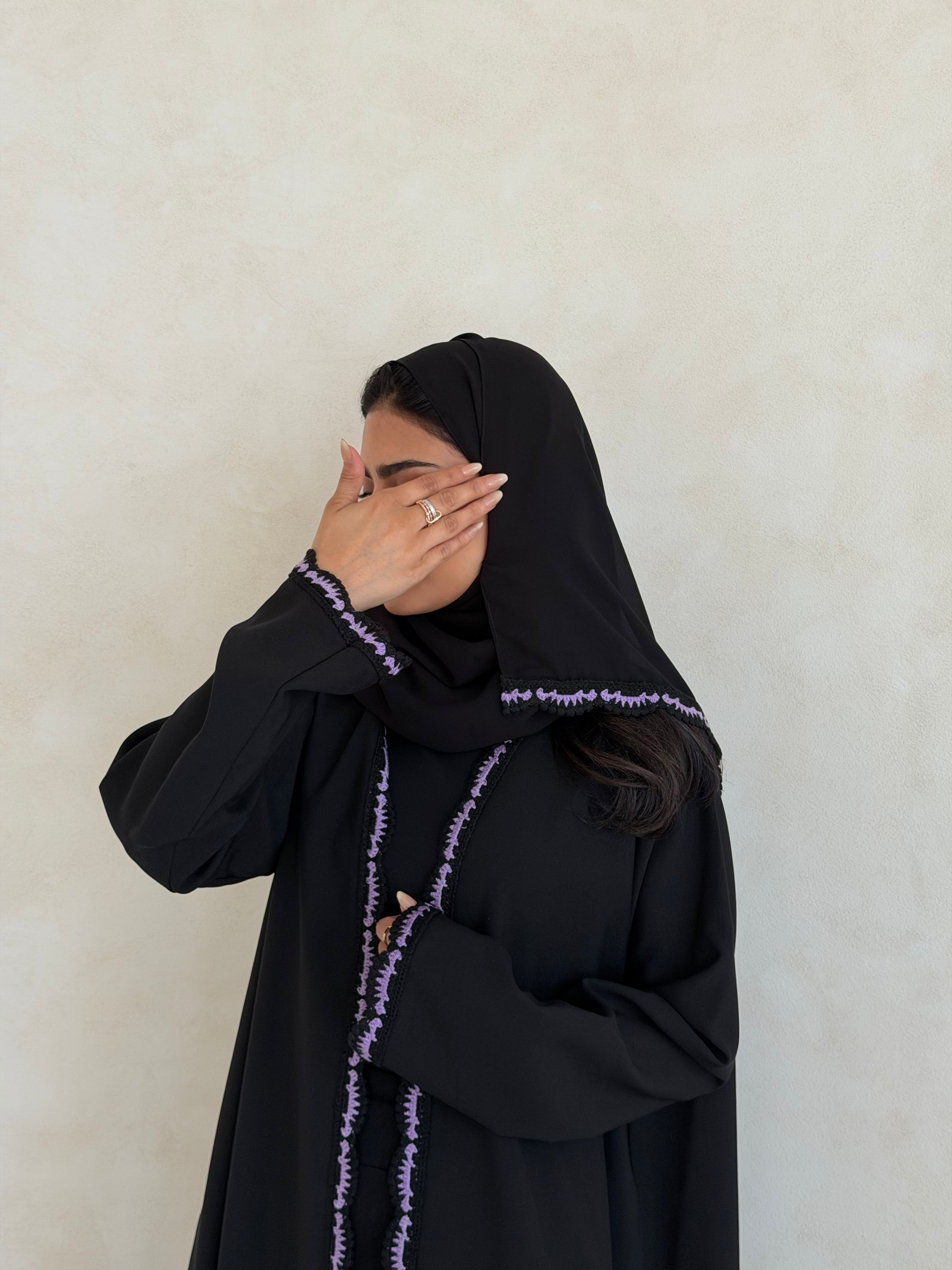 FAB348- Purple Crochet Black Crepe Klosh-Cut Abaya with Headscarf