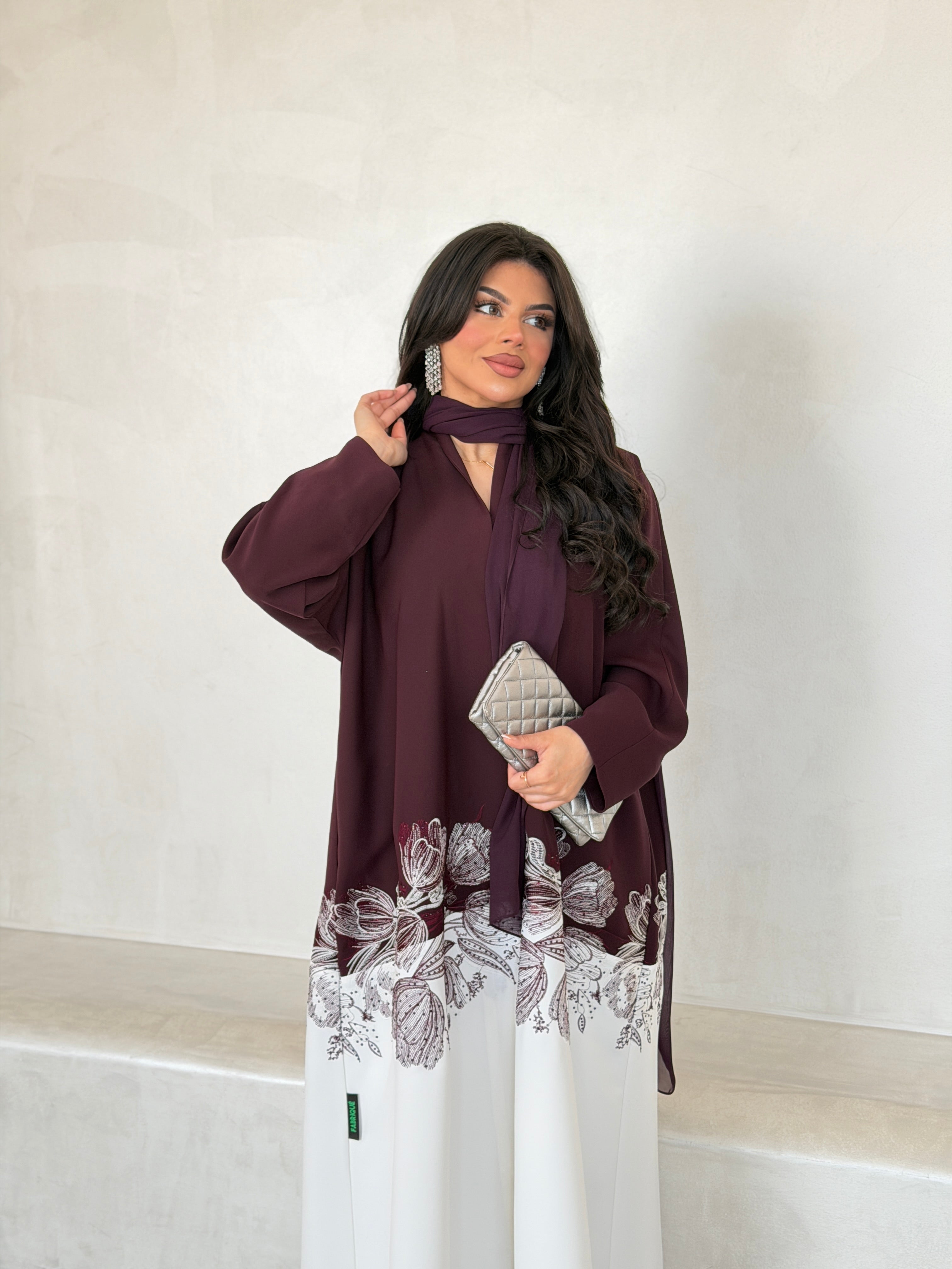 FAB293- Burgundy & White Crepe Crystal Embroidered Abaya
