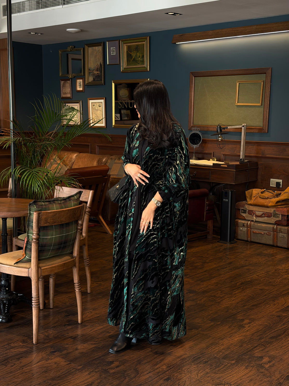 FAB351-Green and Black Chiffon Half Bisht-Cut Abaya with Velvet Shimmer Print and Black Headscarf