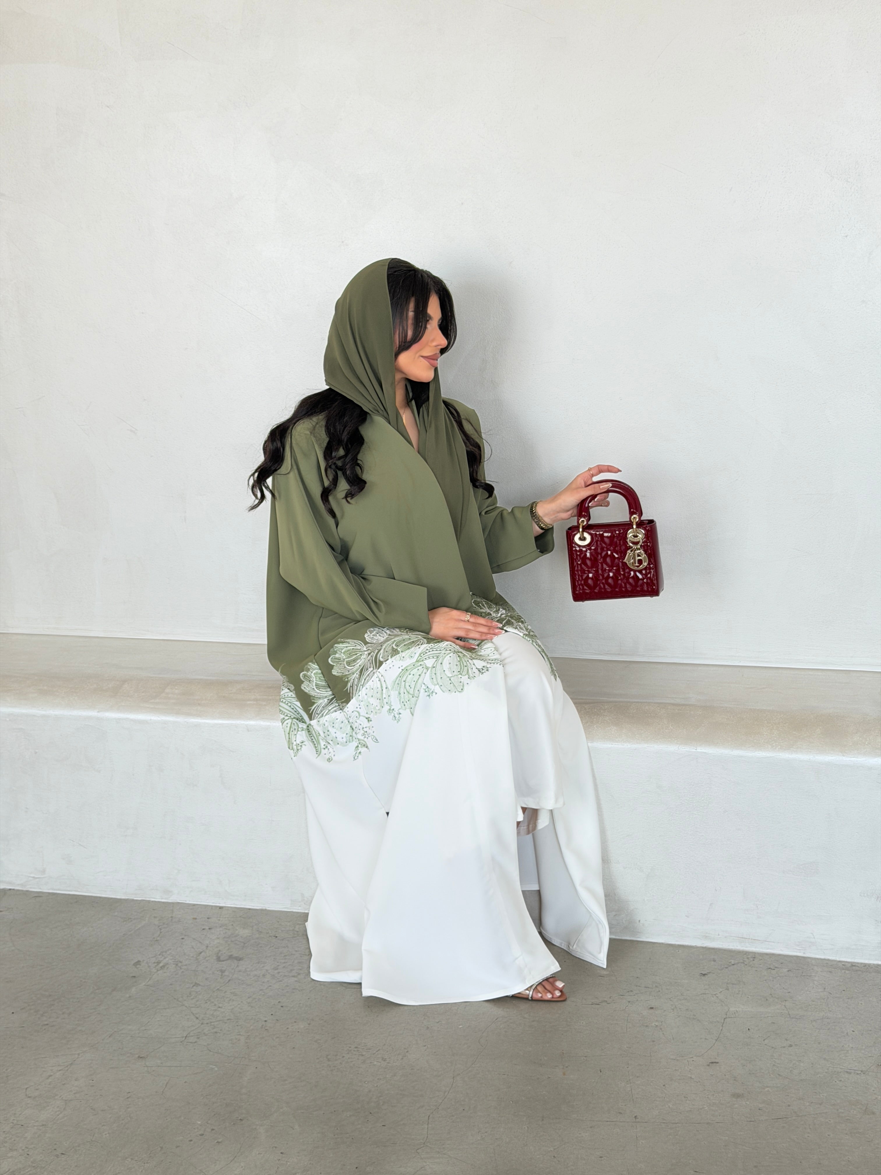 FAB294- Light Green & White Crepe Crystal Embroidered Abaya