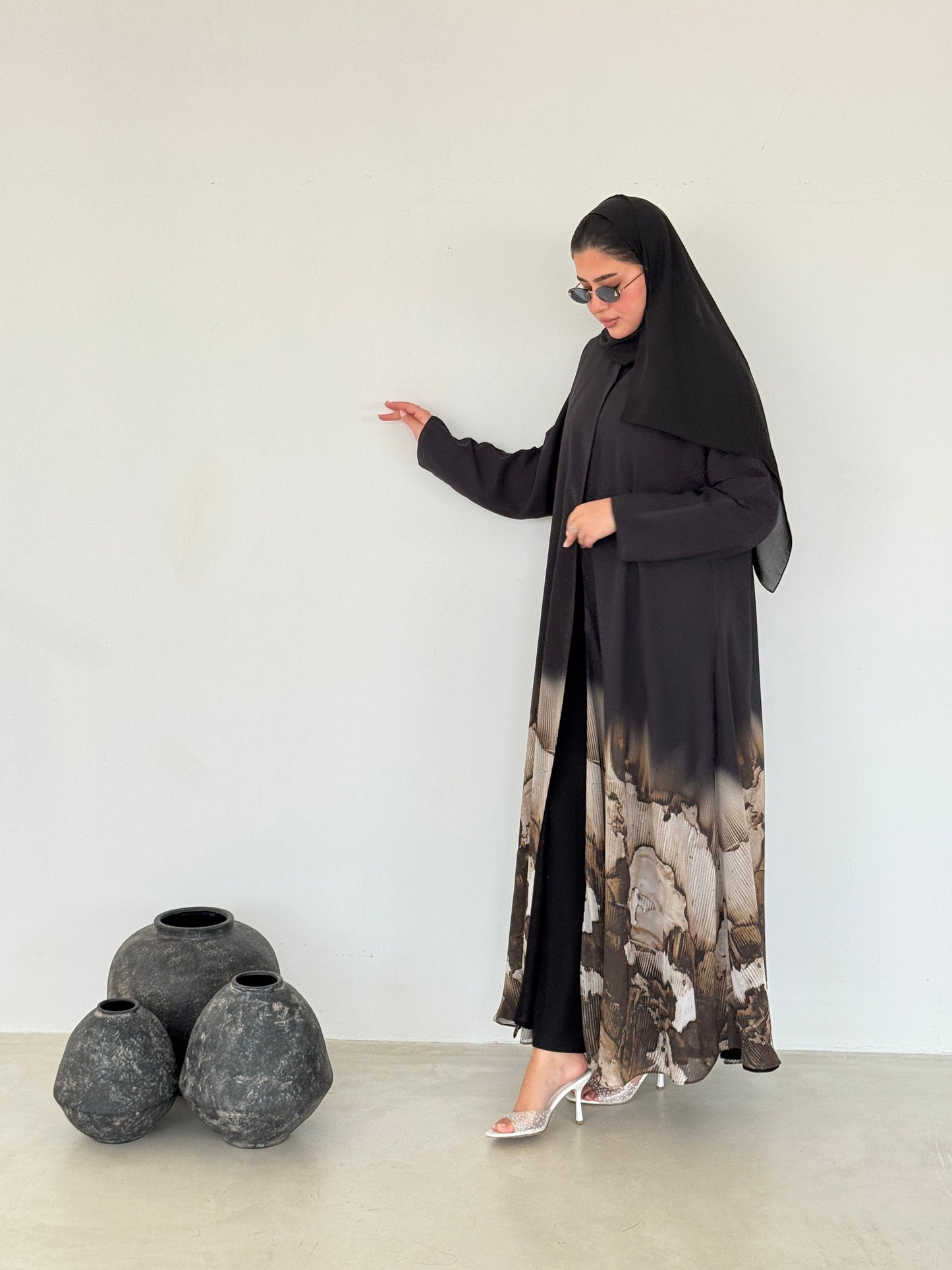 FAB213- Beige Ombre Waves print Shiffon A-cut Abaya with headscarf