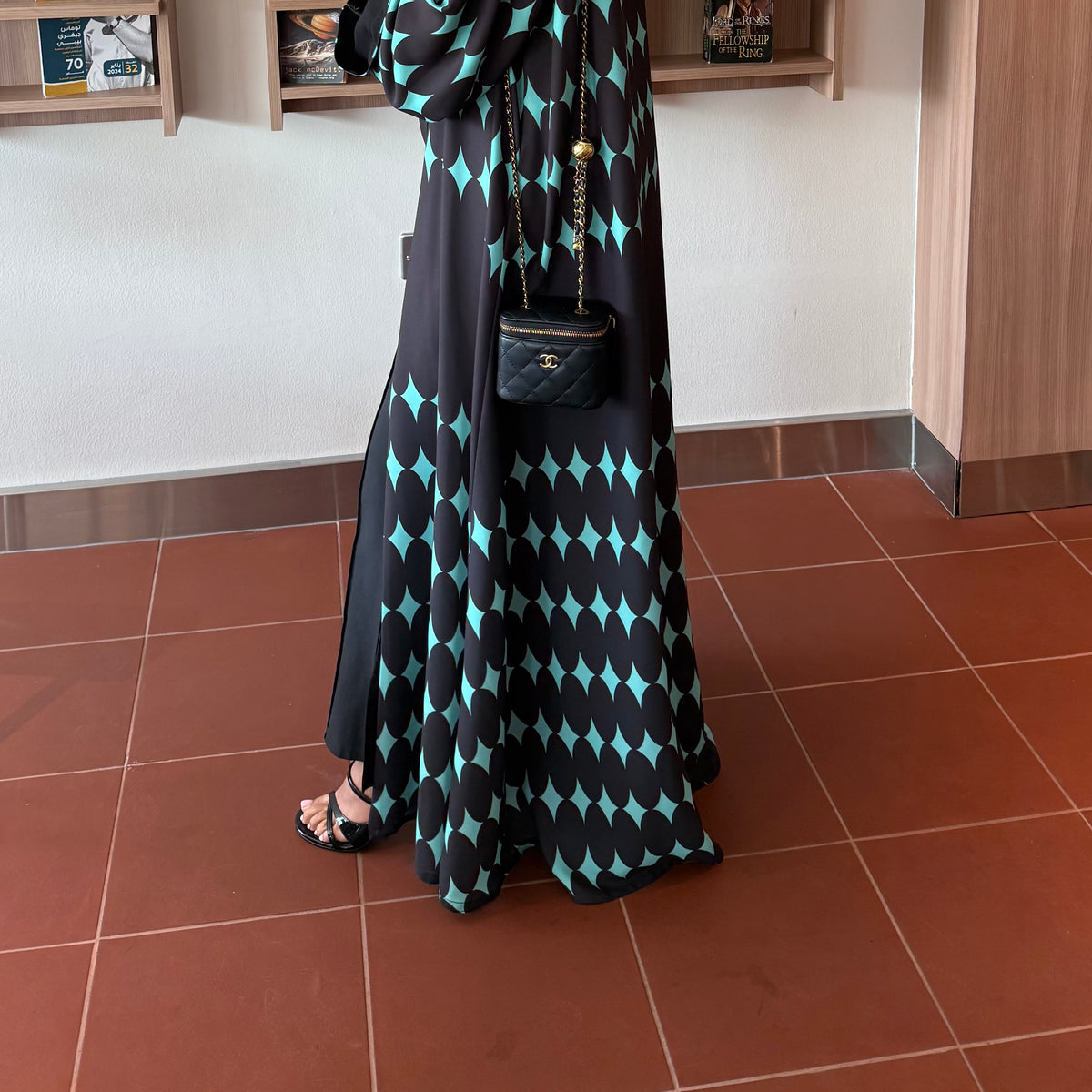FAB333-Turquoise & Black Diamond Print Straight-Cut Abaya with Matching Headscarf