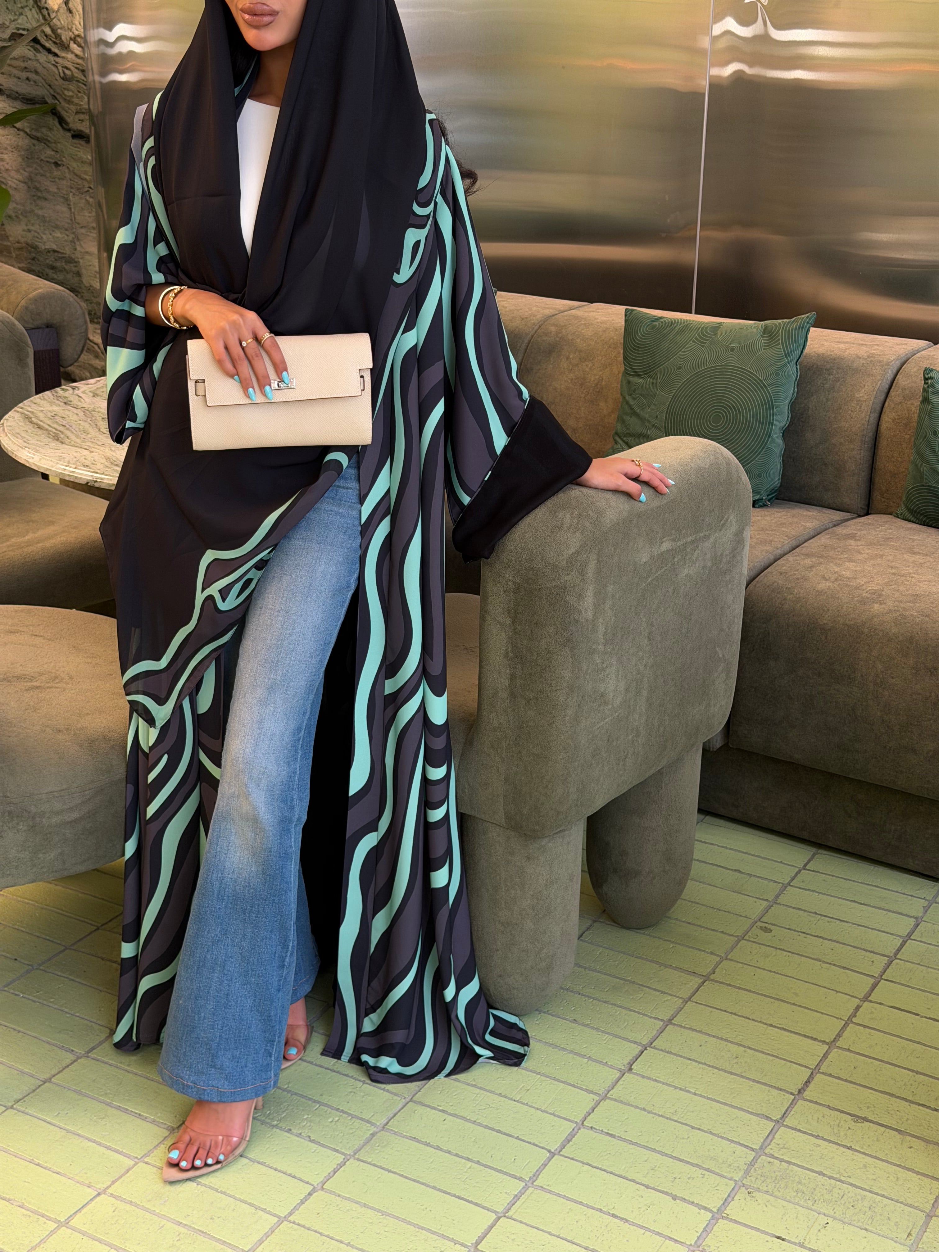 FAB323-Tiffany & Black Printed Abaya and Headscarf – Straight Cut