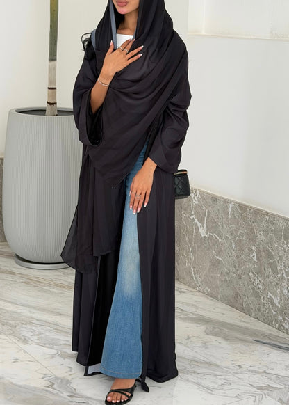 FAB332-Black Basic Light Stripped Printed Klosh Abaya Set