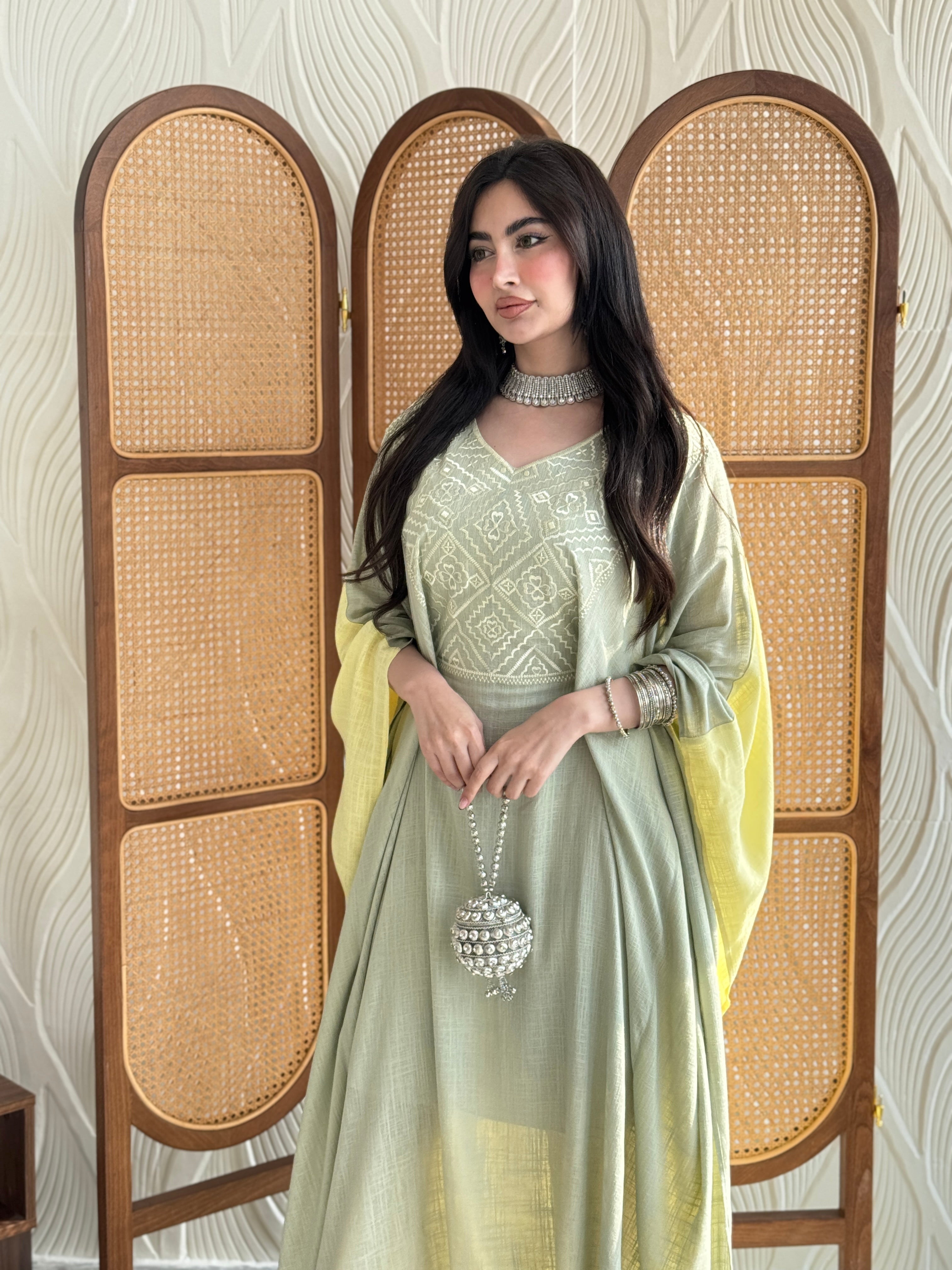 FAB254- Light Green and Yellow Two-sided embroidered Linen butterfly cut jalabiya