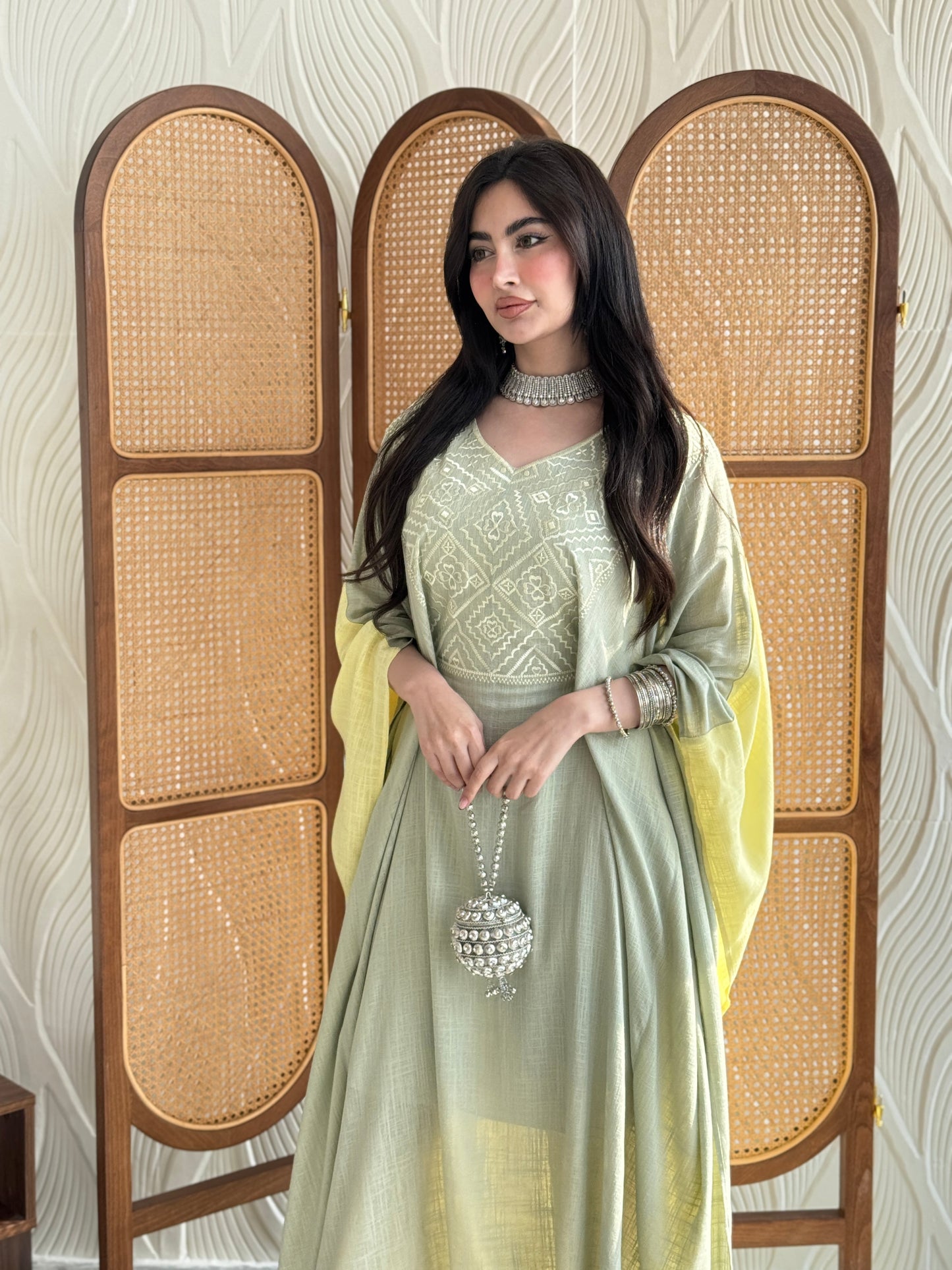 FAB254- Light Green and Yellow Two-sided embroidered Linen butterfly cut jalabiya