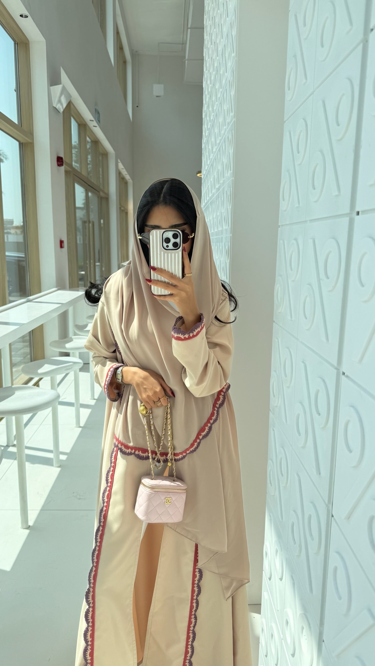 FAB325- Beige Pink Crochet Crepe A-Cut Abaya with matching headscarf