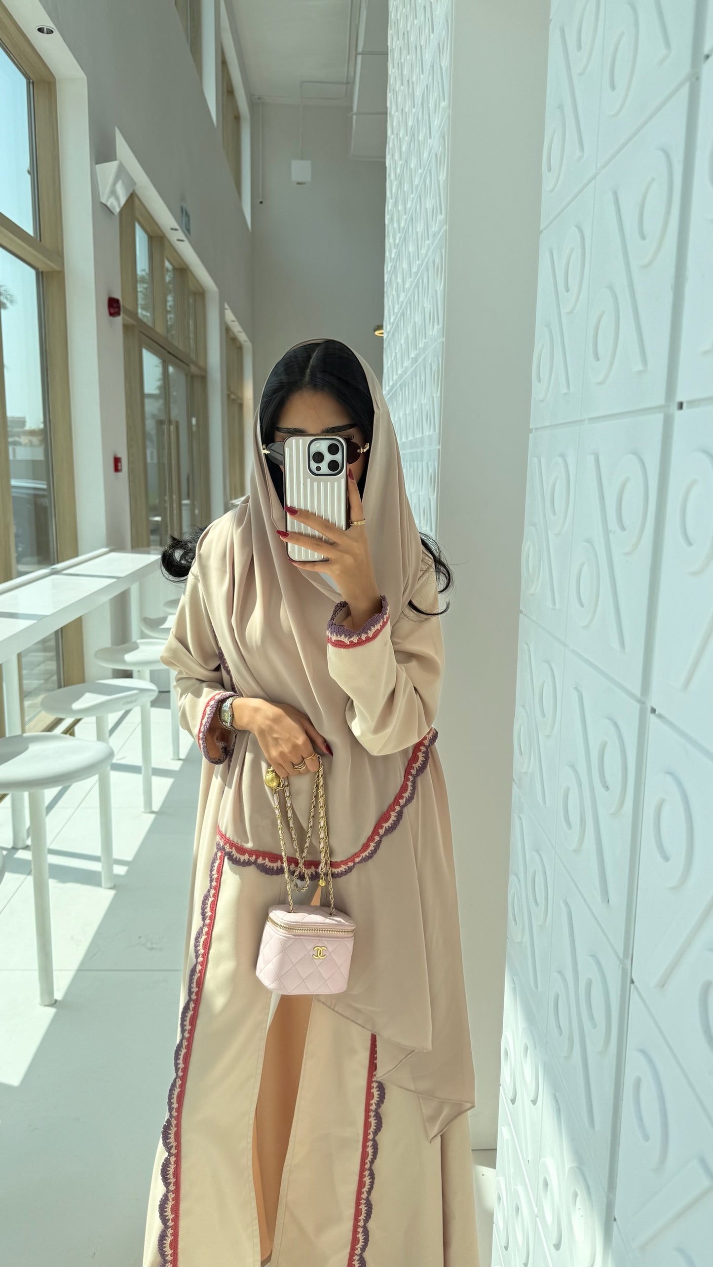 FAB325- Beige Pink Crochet Crepe A-Cut Abaya with matching headscarf