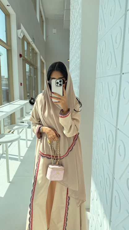 FAB325- Beige Pink Crochet Crepe A-Cut Abaya with matching headscarf