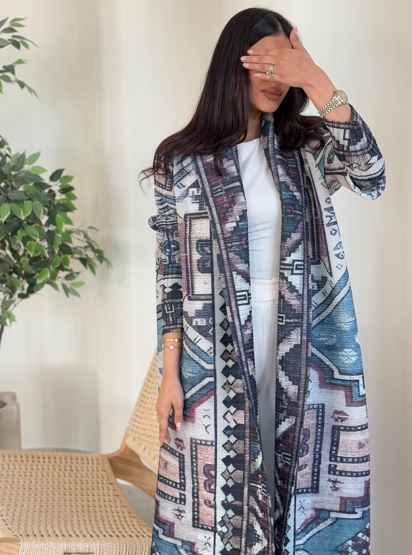 FAB132-Turquoise Pattern Pleats Abaya With Headscarf