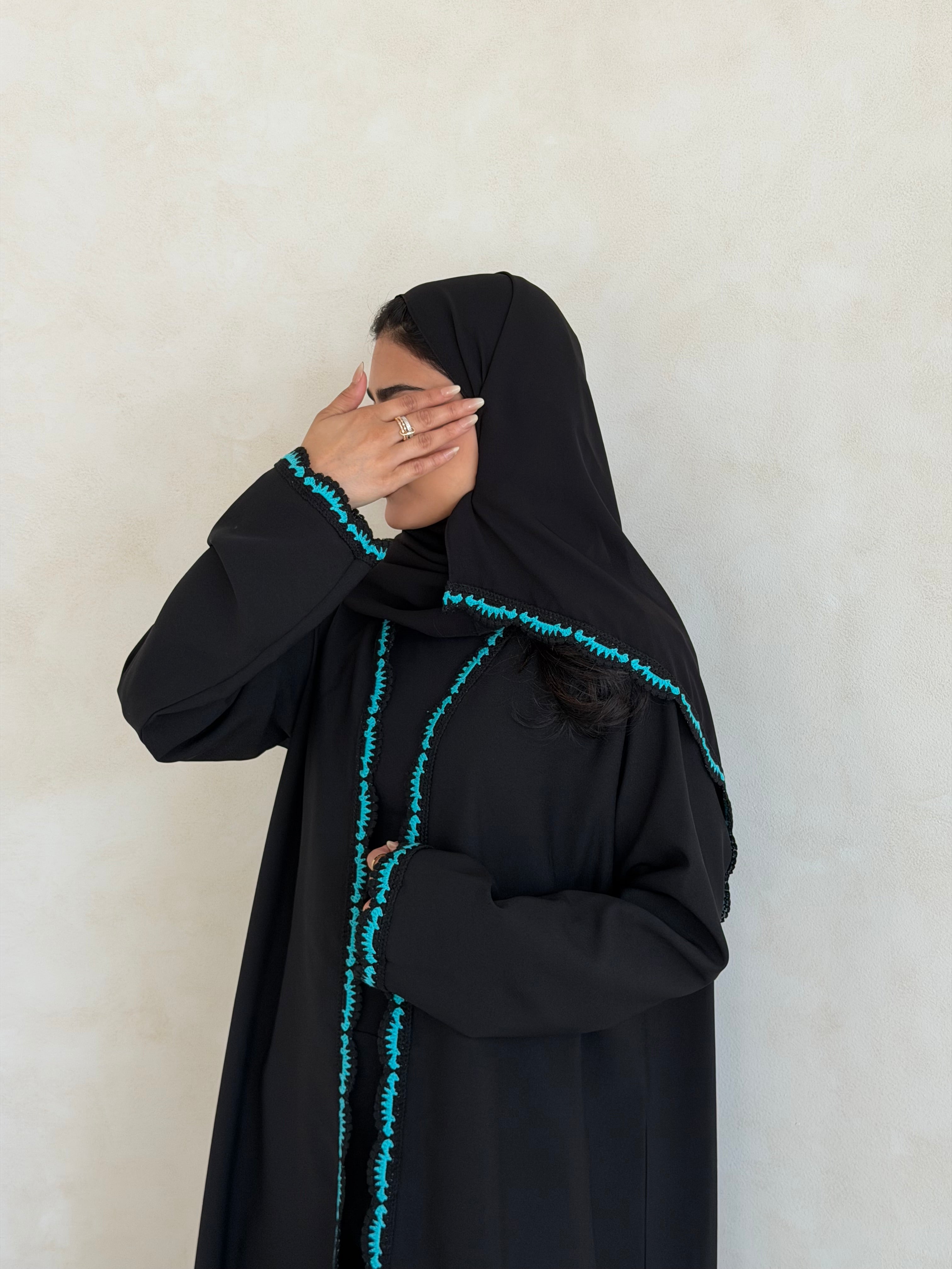 FAB347- Tiffany Crochet Black Crepe Klosh-Cut Abaya with Headscarf