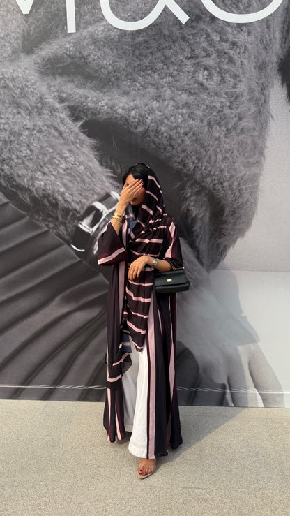 FAB304- Black/Maroon Striped Print Chiffon Silk A-Cut Abaya Set