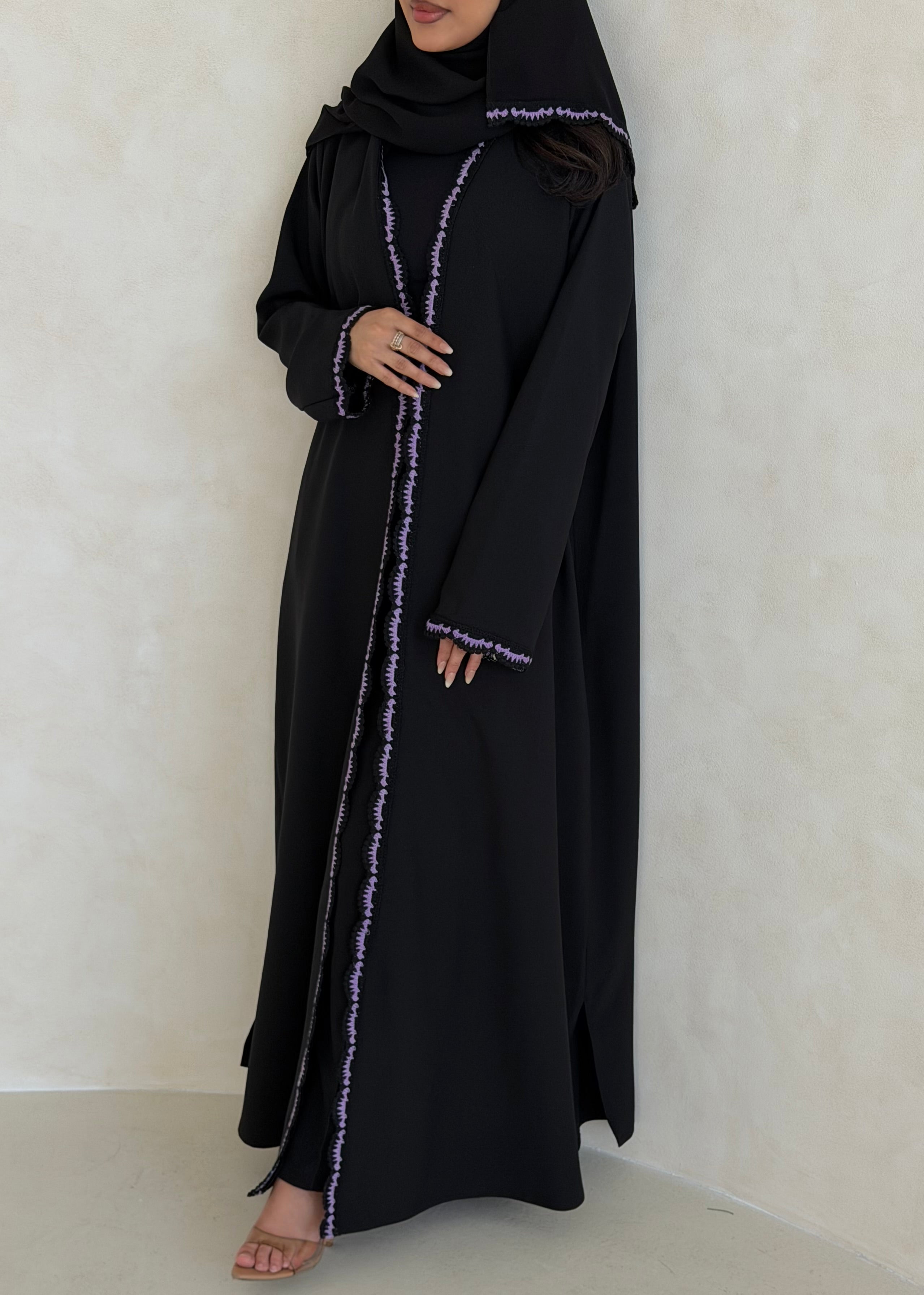 FAB348- Purple Crochet Black Crepe Klosh-Cut Abaya with Headscarf