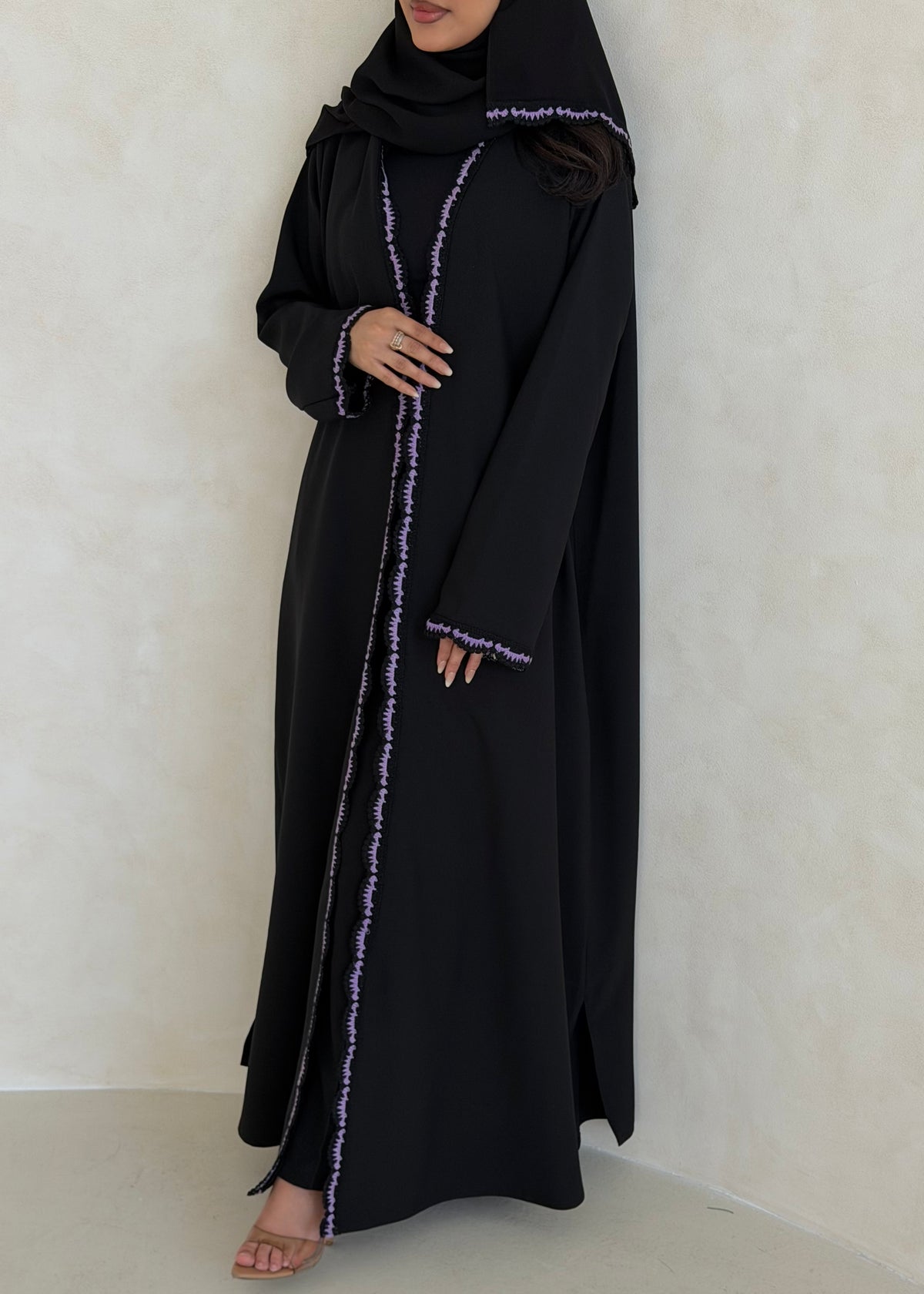 FAB348- Purple Crochet Black Crepe Klosh-Cut Abaya with Headscarf