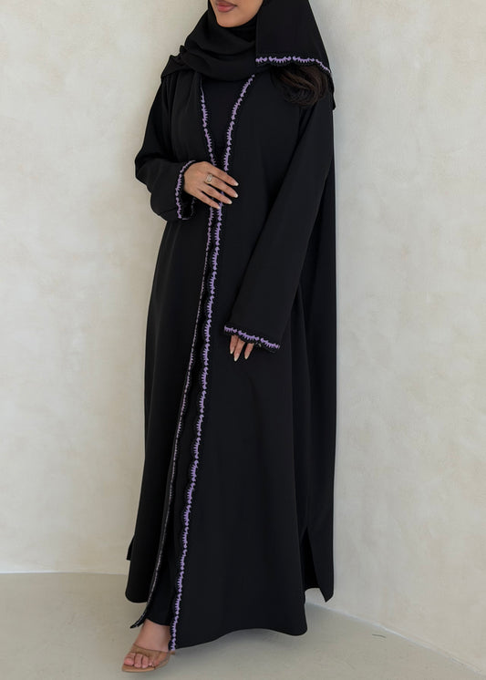 FAB349- Purple Crochet Black Crepe Klosh-Cut Abaya with Headscarf