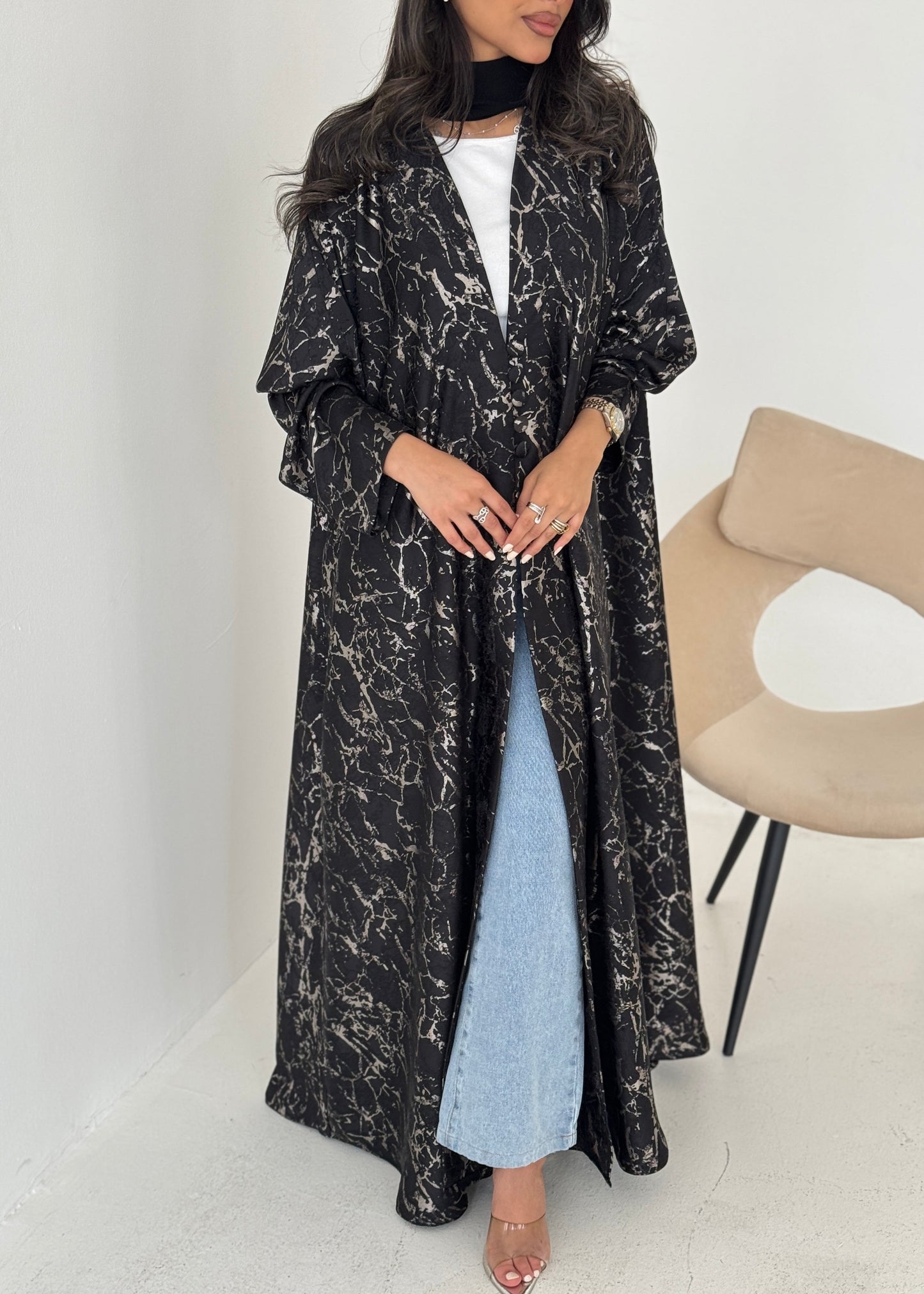 FAB206-Elegant Black Metallic Crepe Silk A-Cut Abaya with headscarf