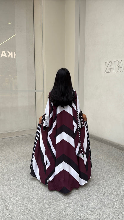 FAB302-Maroon & Black Printed Chiffon Silk A-Cut Abaya Set