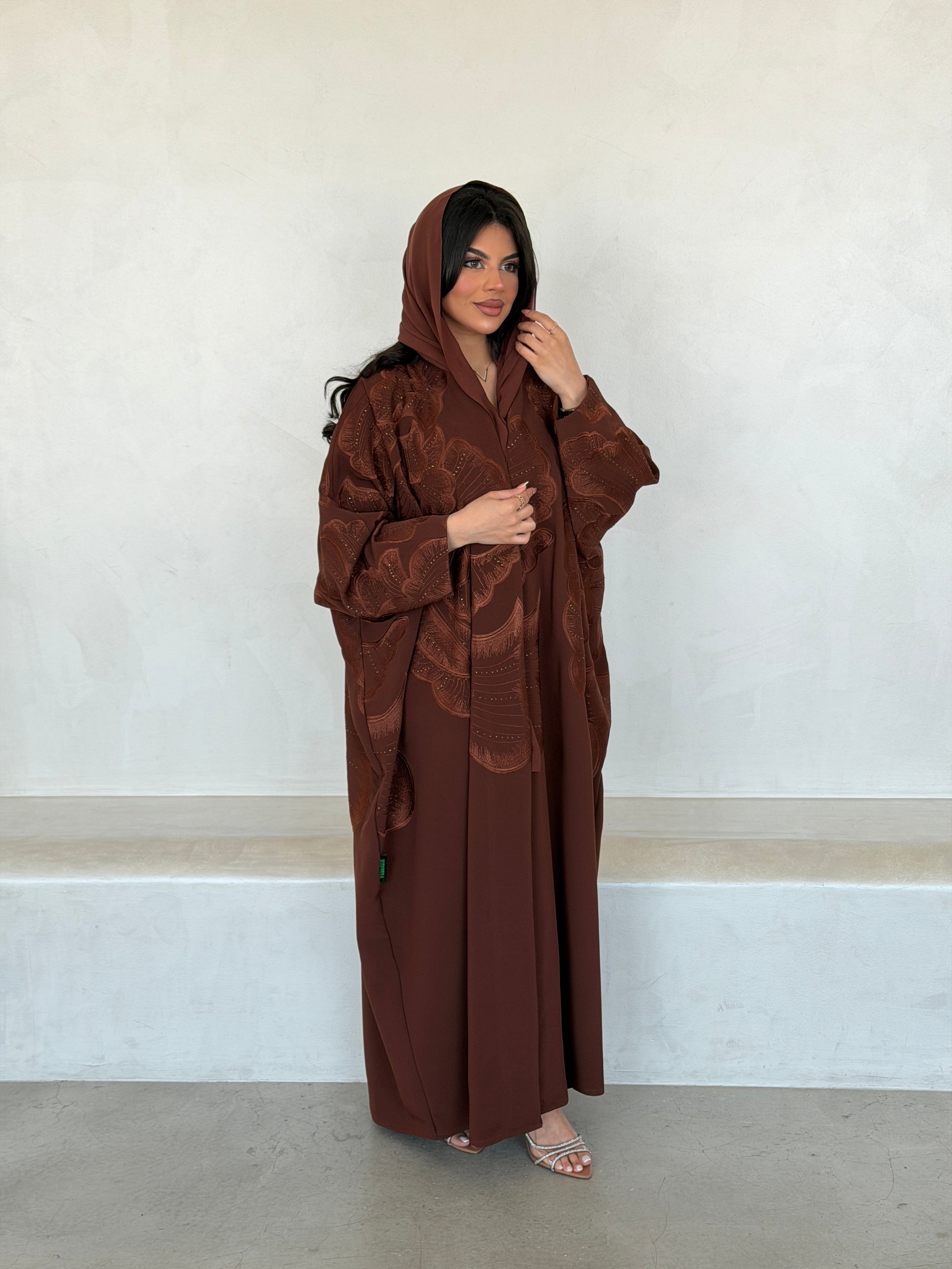 FAB295- Orange Crystal Embroidered Half Bisht Cut Crepe Abaya