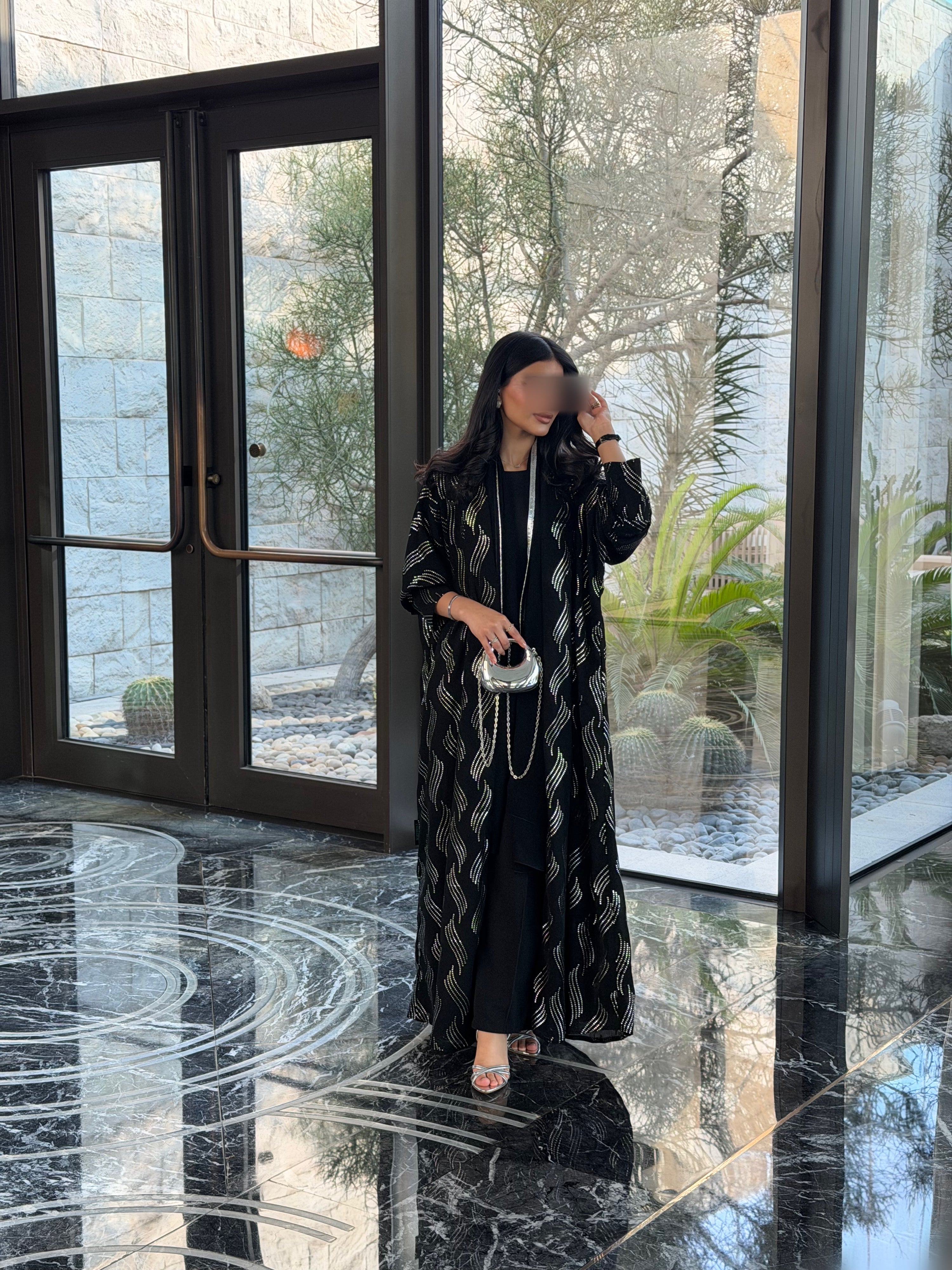 FAB339 – Elegant Black Chiffon Abaya with Silver Naqda Embroidery, Half-Bisht Cut & Matching Headscarf
