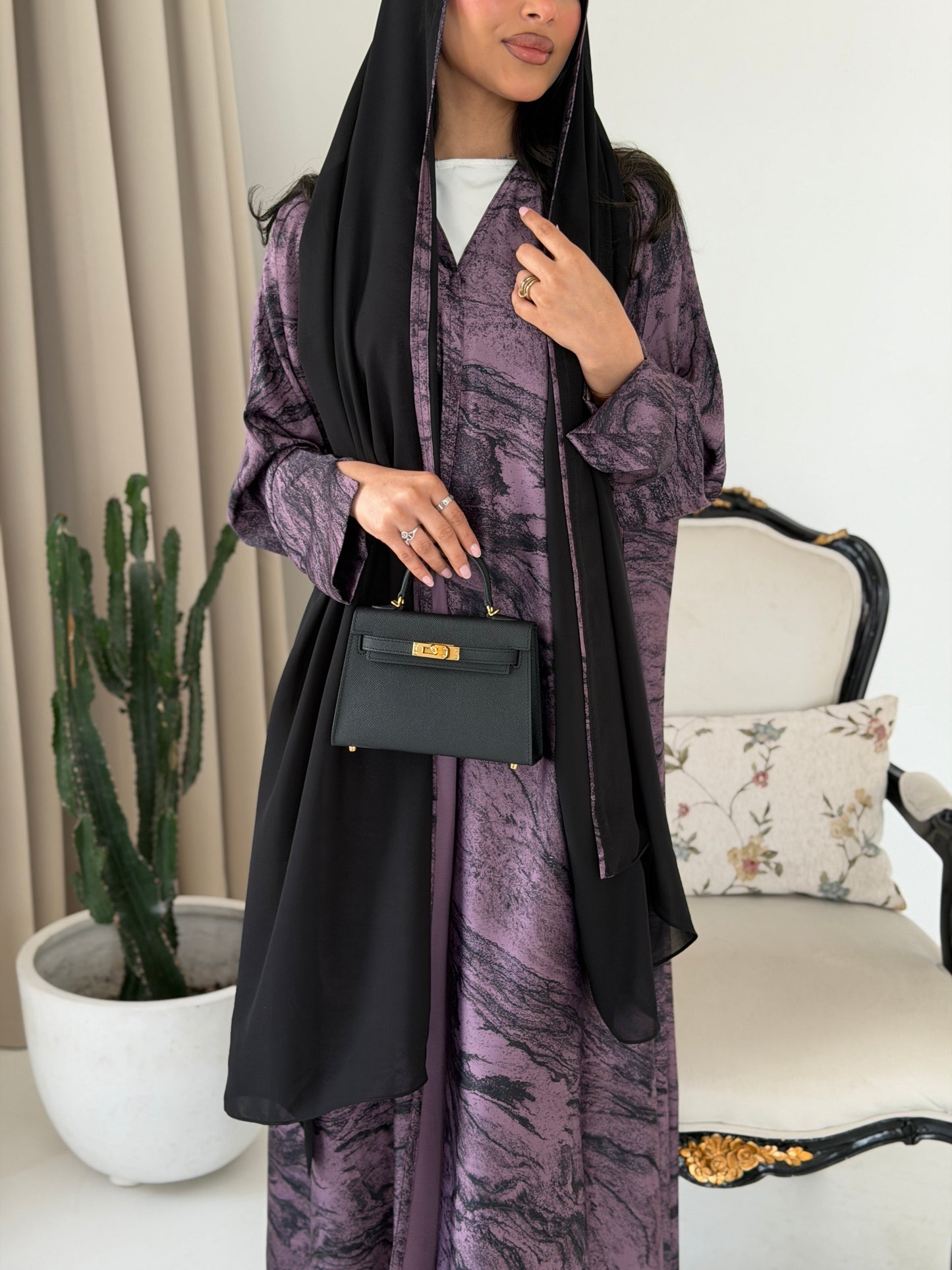 FAB287- Purple Marble Print - Crepe A-Cut Abaya with pipping headscarf
